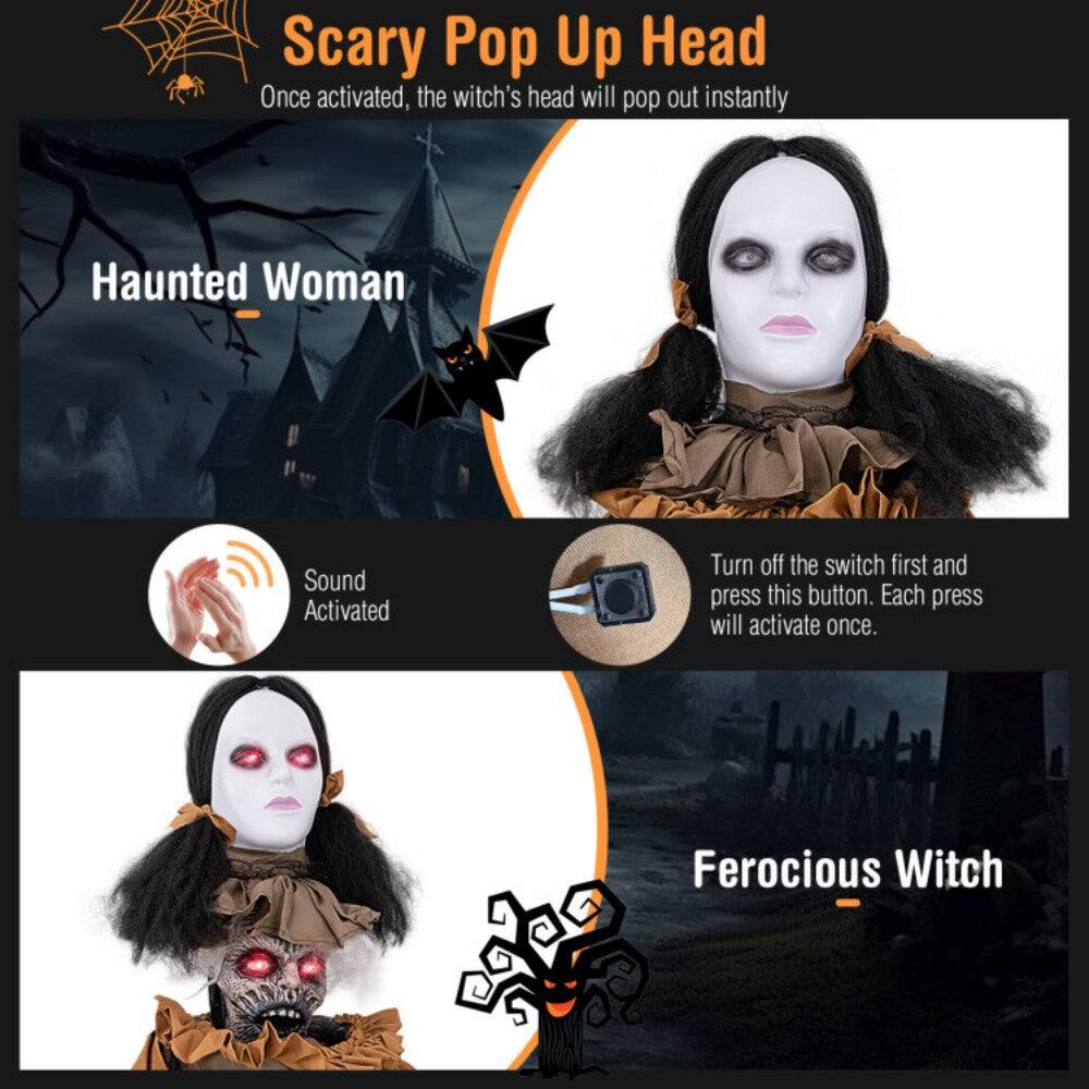 Scary Pop Up Head  
Once activated, the witch's head will pop out instantly  

Haunted Woman  
Sound Activated  

Turn off the switch first and press this button. Each press will activate once.  

Ferocious Witch