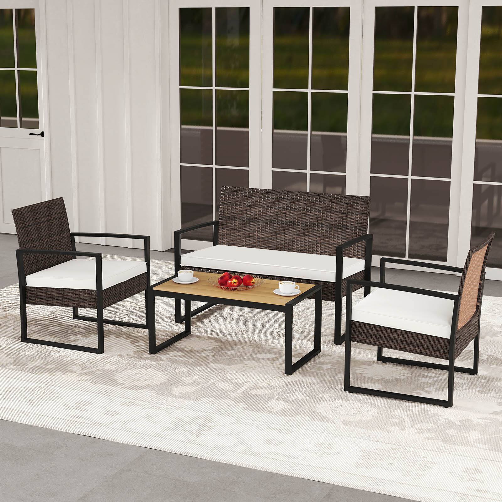 Alt View 3. Gymax - Gymax 8 Pieces Patio Furniture Set PE Rattan Porch Chairs w/ Loveseat & Coffee Table - Off White, Mix Brown.