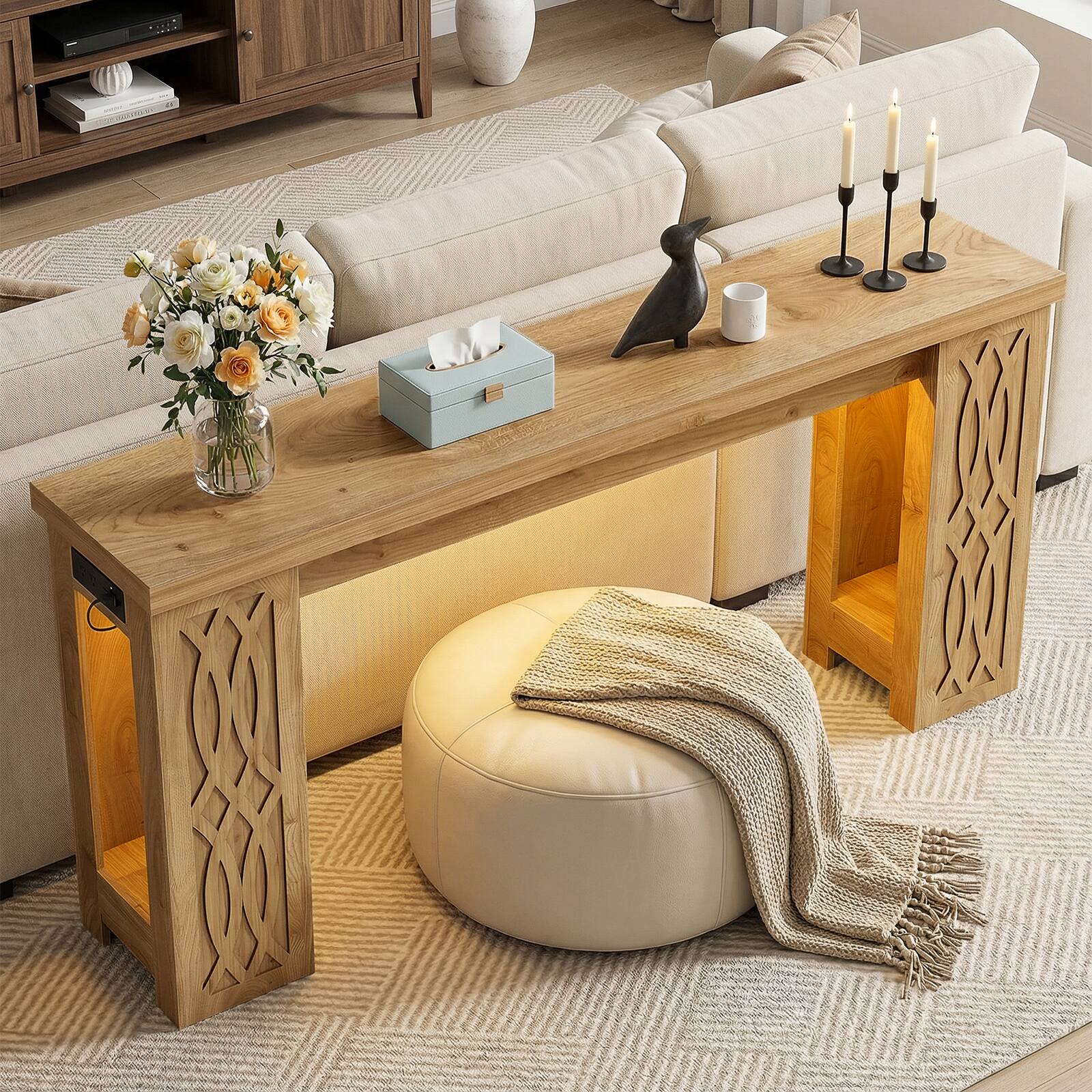 Alt View 5. Aheaplus - 63' Farmhouse Console Table - Narrow Entryway Table with Charging Station and RGB LED Lights - Nature.