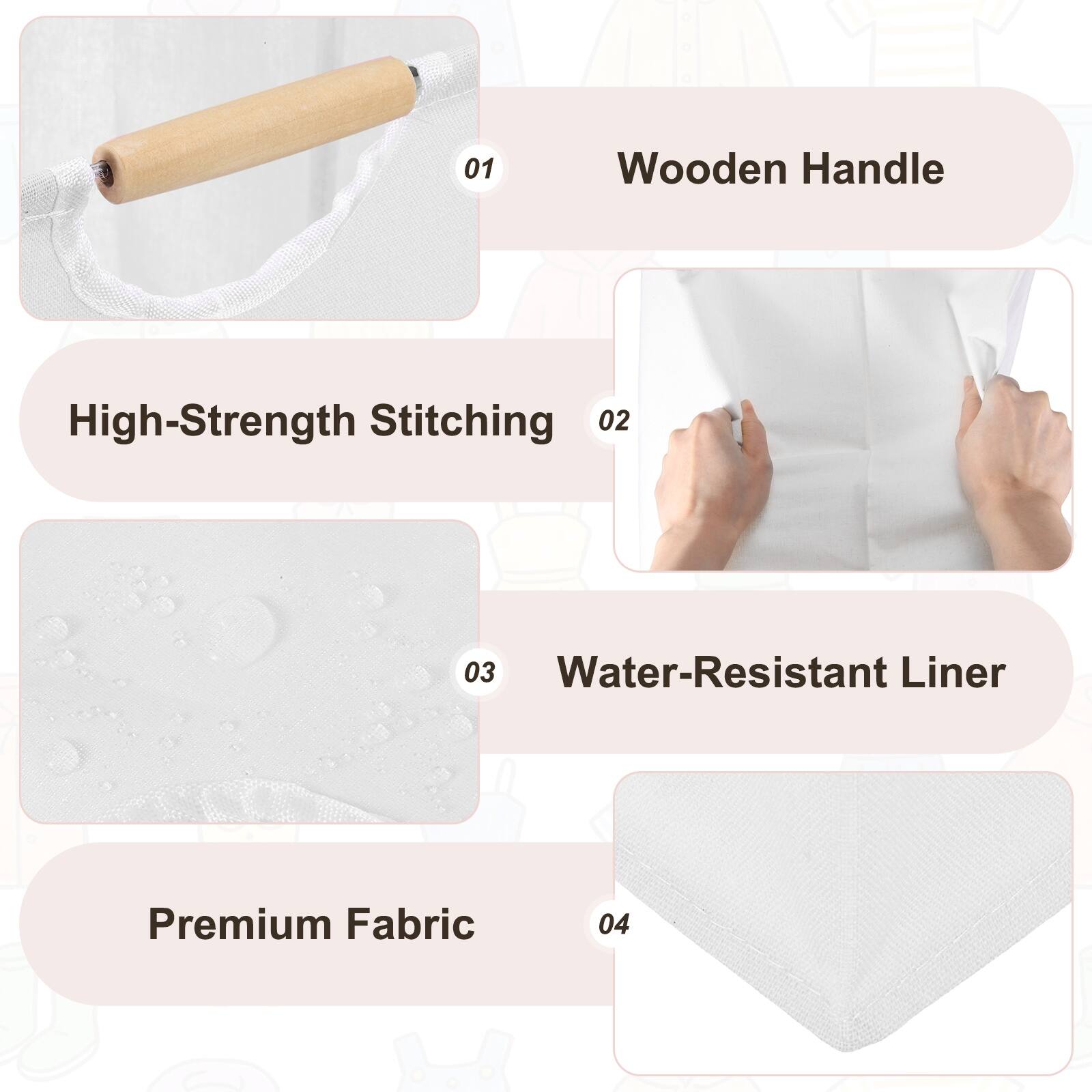 01 Wooden Handle High-Strength Stitching  
02 Water-Resistant Liner Premium Fabric