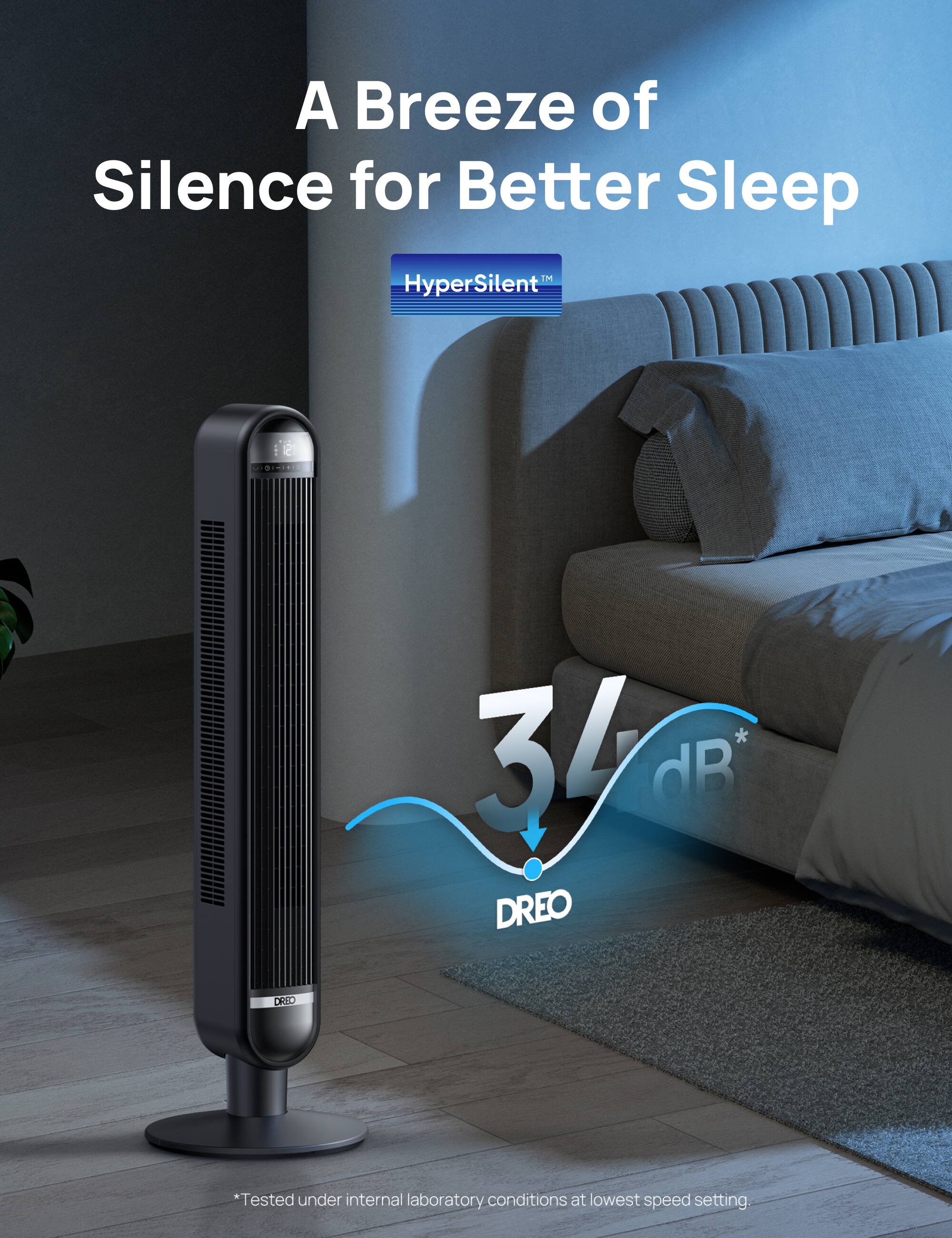 A Breeze of Silence for Better Sleep  
HyperSilent™  
34 dB  
DREO  
*Tested under internal laboratory conditions at lowest speed setting.