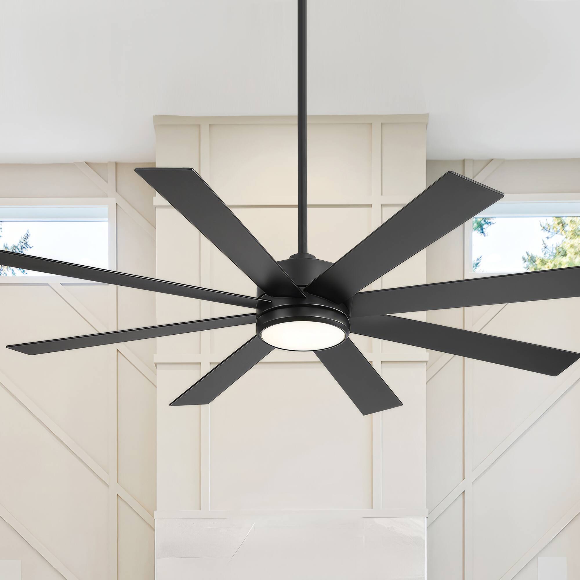 Left. Breezary - 65-In Ceiling Fan with 8-Blade, 3-Color Light, 6-Speed DC Motor, 6''/20'' Downrods, Remote Control with Timer - Matte Black.