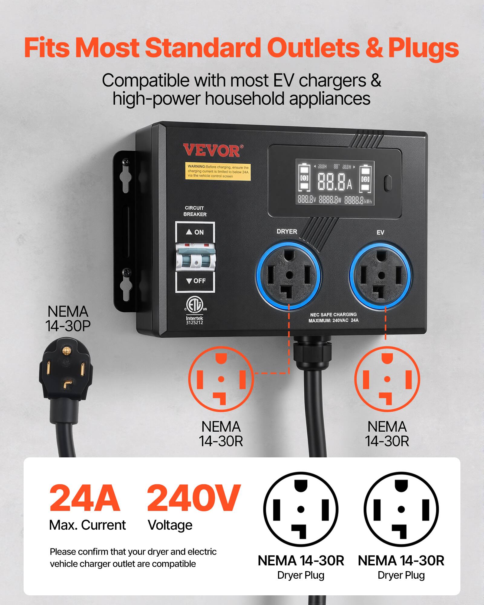 Fits Most Standard Outlets & Plugs  
Compatible with most EV chargers & high-power household appliances  

VEVOR WARNING: Before charging, ensure the charging current is limited to below via the vehicle control SCHOON  

CIRCUIT BREAKER  
888.Bv 888888 0000 With  
ON  
DRYER  
EV  
OFF  
NEMA 14-30P  
us Intertek 3125212  
NEC SAFE CHARGING MAXIMUM: 240VAC 24A  
NEMA 14-30R  
NEMA 14-30R  
24A 240V Max. Current Voltage  

Please confirm that your dryer and electric vehicle charger outlet are compatible  
NEMA 14-30R NEMA 14-30R Dryer Plug Dryer Plug