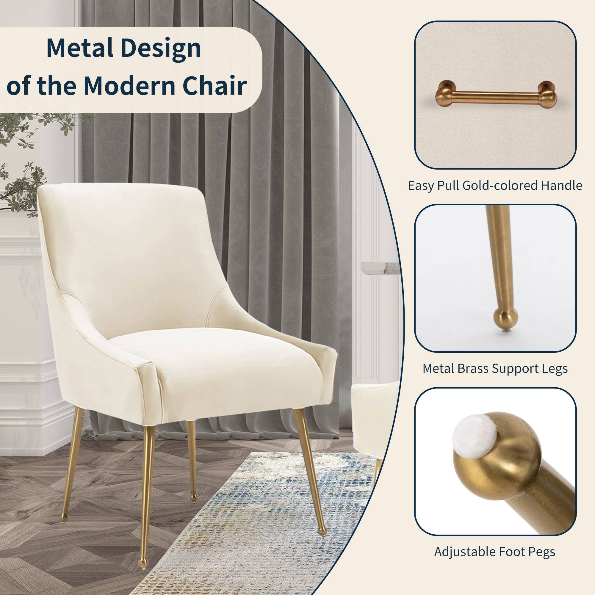 Metal Design of the Modern Chair

- Easy Pull Gold-colored Handle
- Metal Brass Support Legs
- Adjustable Foot Pegs