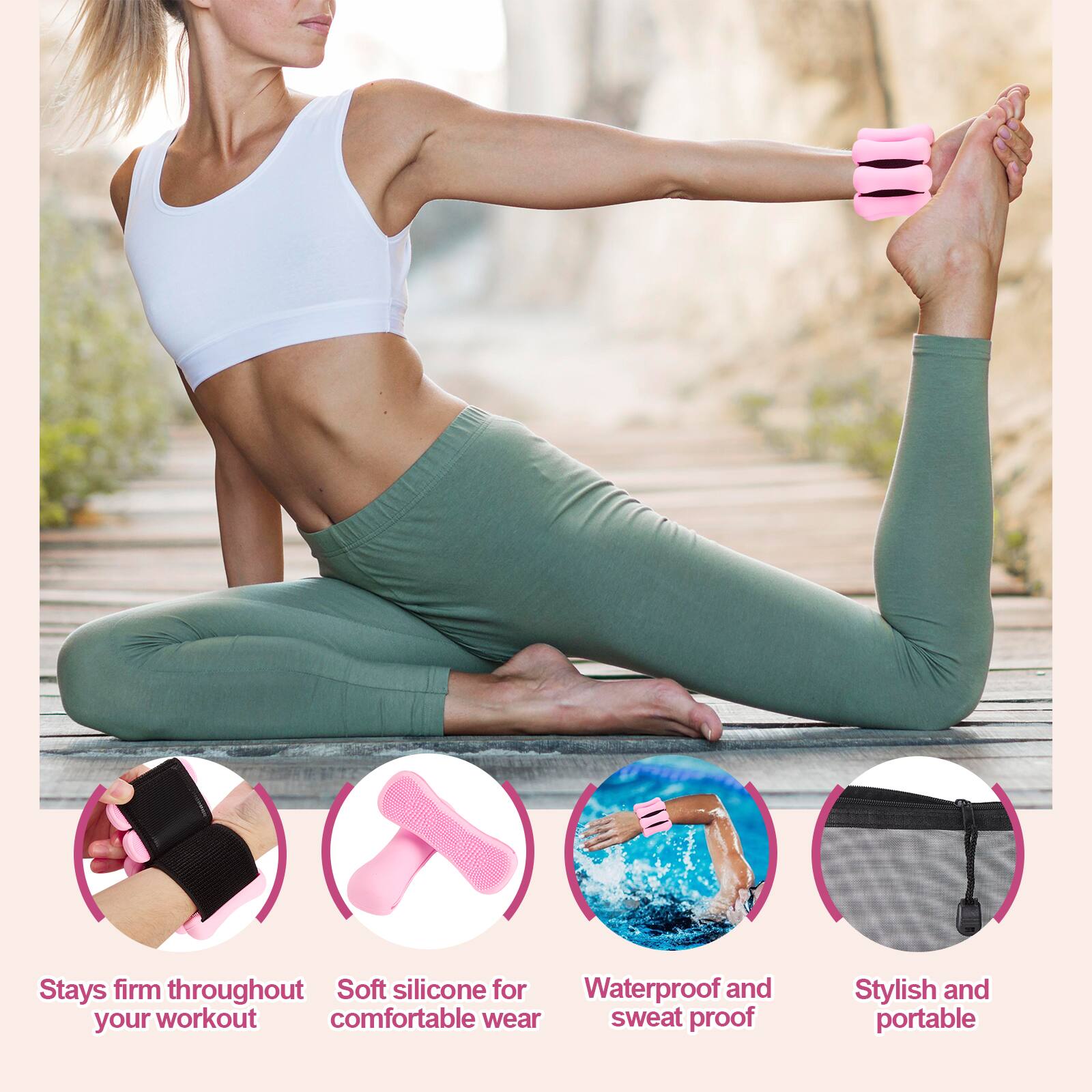 - Stays firm throughout your workout
- Soft silicone for comfortable wear
- Waterproof and sweat proof
- Stylish and portable