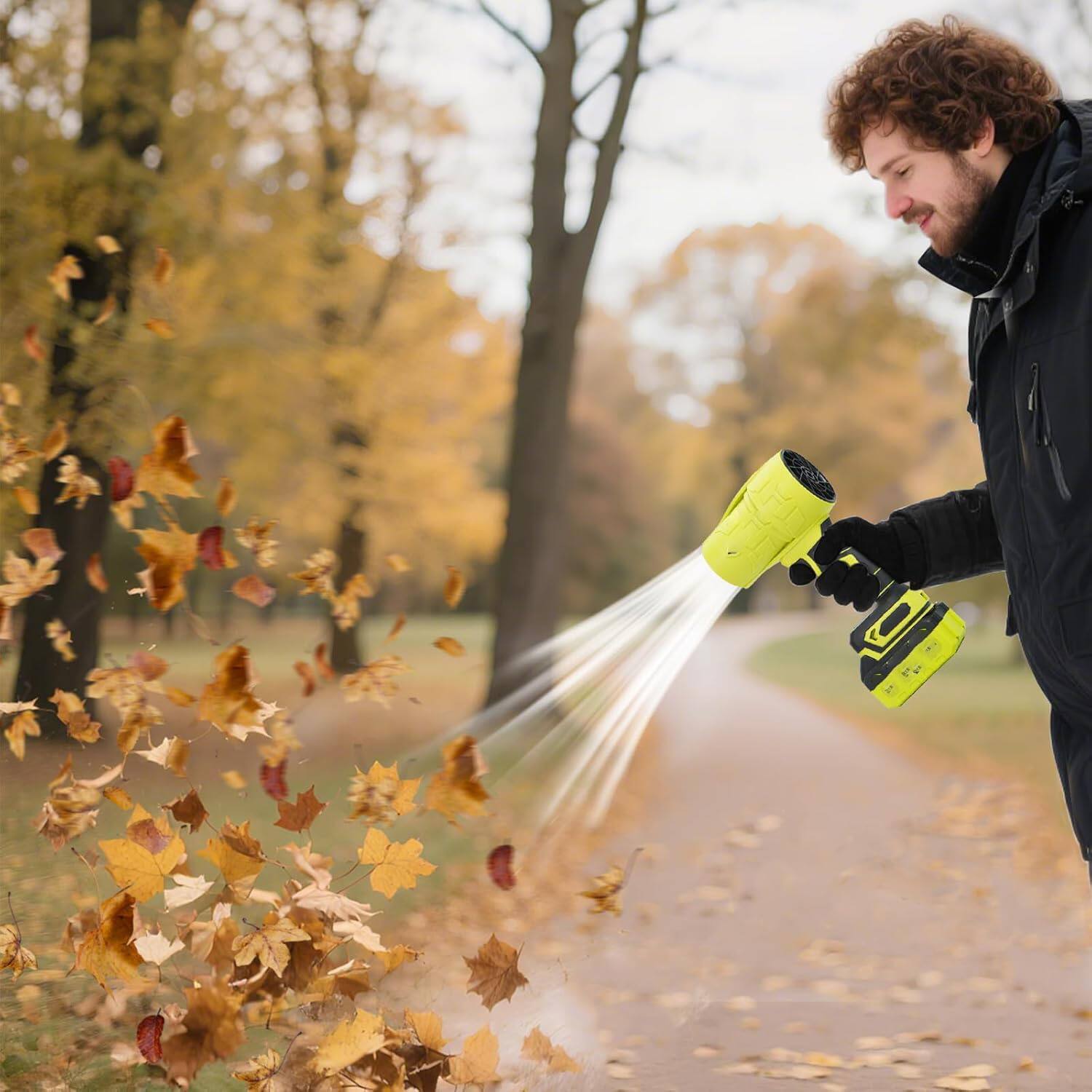 Angle. GlowWise - Turbo jet cordless blower: 1M RPM, 30min runtime. Ergonomic handle for yard, driveway & car. - green.