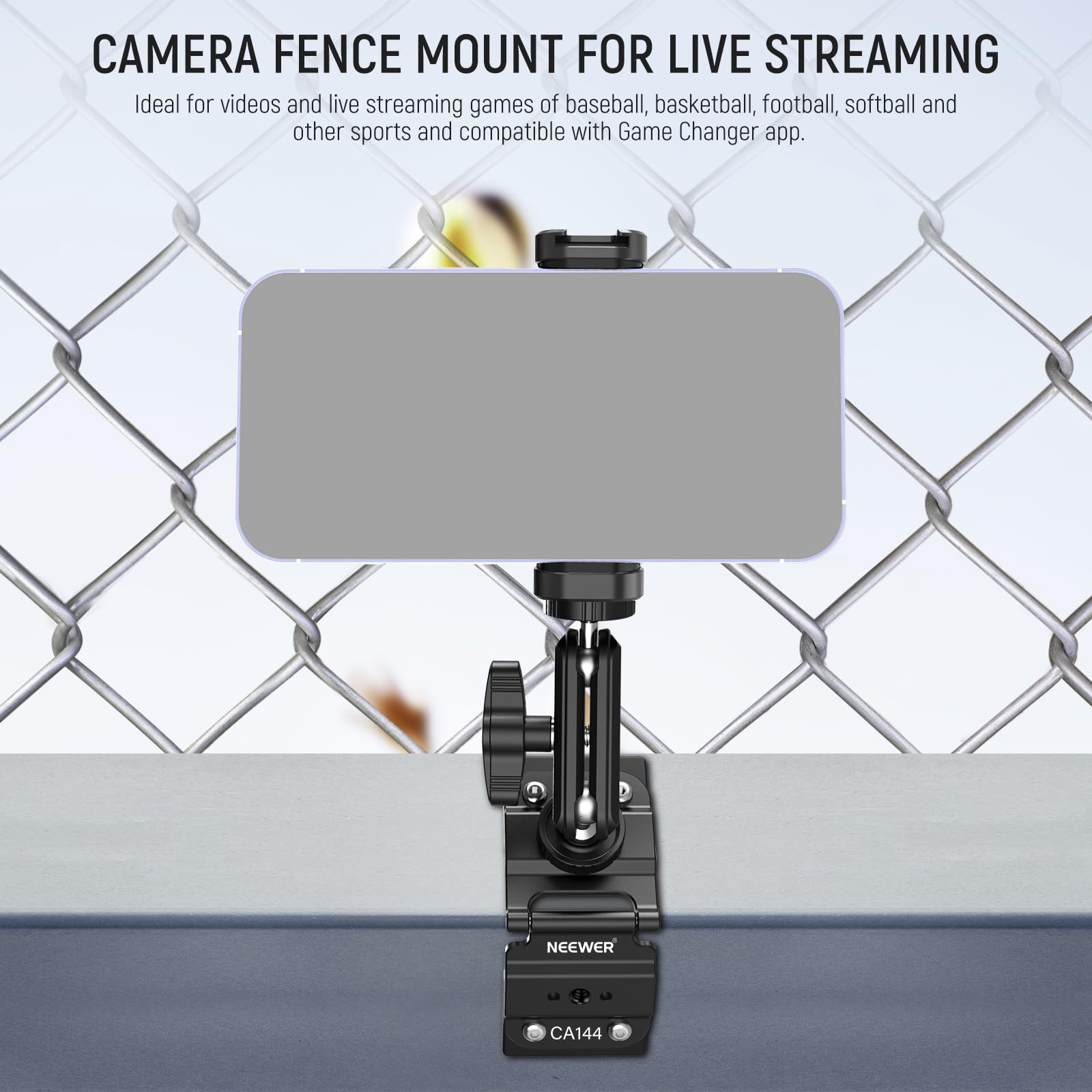 CAMERA FENCE MOUNT FOR LIVE STREAMING

Ideal for videos and live streaming games of baseball, basketball, football, softball and other sports and compatible with Game Changer app.

NEEWER CA144