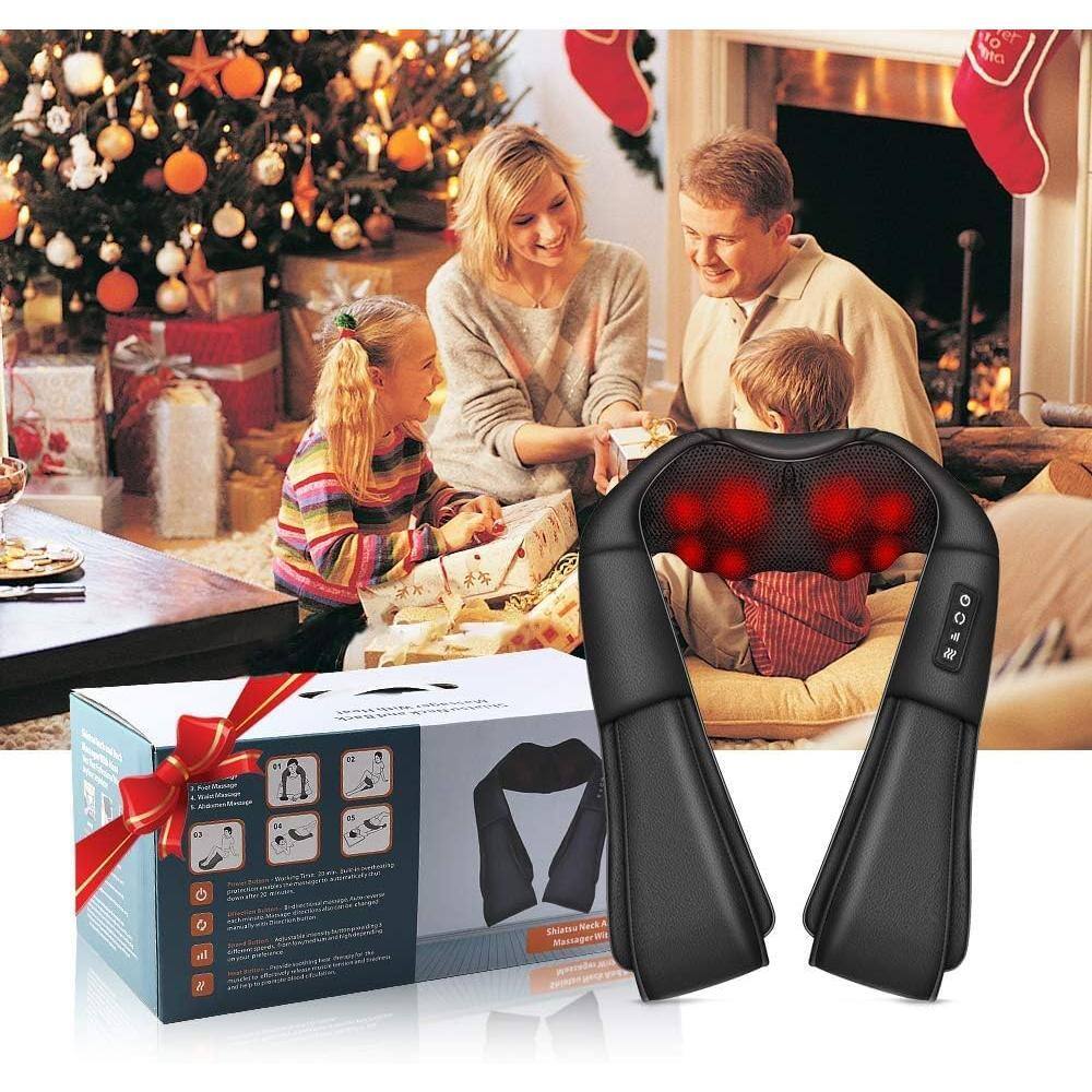 Sure, here is the corrected and grouped text from the image:

---

**Shiatsu Neck & Shoulder Massager**

**Features:**
- 4 Massage Modes
- 2 Intensity Levels
- 2 Heat Settings
- 2 Speed Settings
- 30 Minute Timer
- USB Rechargeable

**Massage Modes:**
1. Shiatsu
2. Kneading
3. Rolling
4. Vibration

**Heat Settings:**
- Low
- High

**Speed Settings:**
- Slow
- Fast

**Timer:**
- 30 Minutes

**Power:**
- USB Rechargeable

**Product Name:**
- Shiatsu Neck & Shoulder Massager

**Additional Information:**
- Perfect for holiday gifts
- Ideal for relaxation and stress relief

---

This text is grouped and corrected based on the image provided.