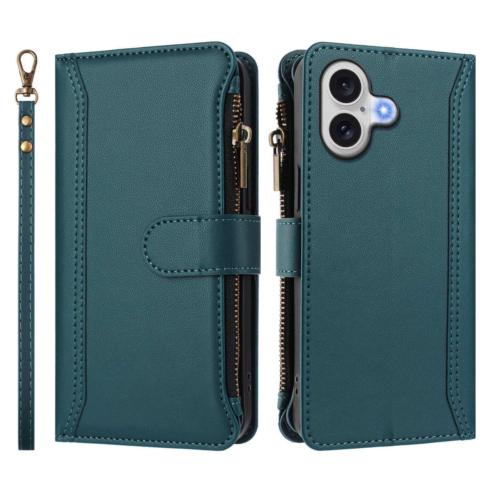 Angle. UUCOVER - Wallet Case for Apple iPhone 17 with Zipper Pocket, Cash Card Slots, Wrist and Shoulder Strap, Magnetic Flip Stand Cover - Darkgreen.