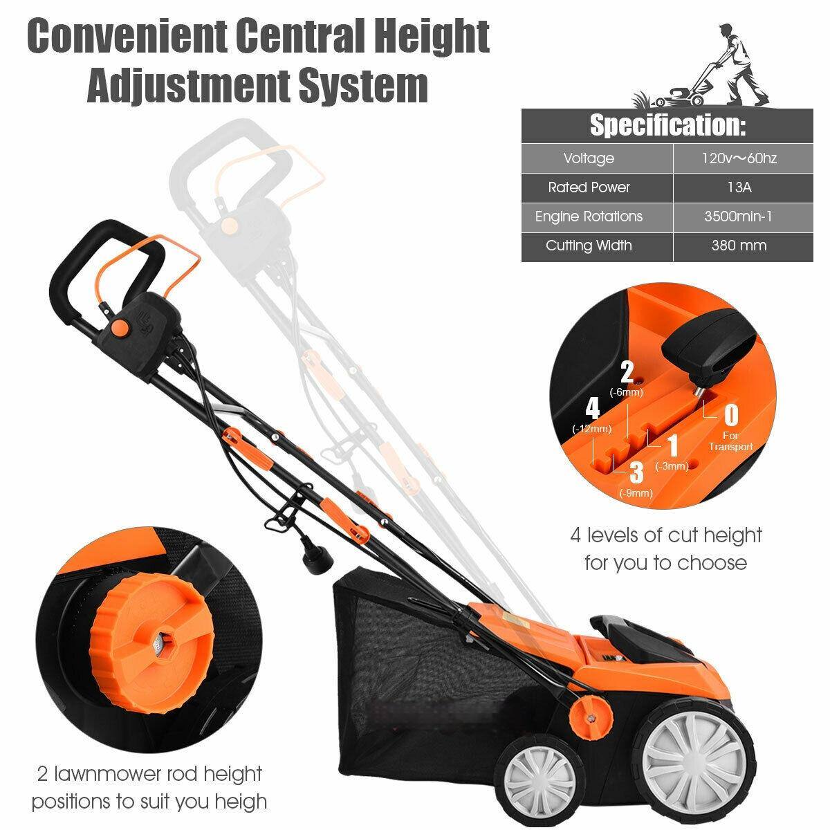 Convenient Central Height Adjustment System

Specification:
- Voltage: 120v~60hz
- Rated Power: 13A
- Engine Rotations: 3500min-1
- Cutting Width: 380 mm

4 levels of cut height for you to choose
2 lawnmower rod height positions to suit you height

0 For Transport
1 (-3mm)
2 (-6mm)
3 (-9mm)
4 (-12mm)
