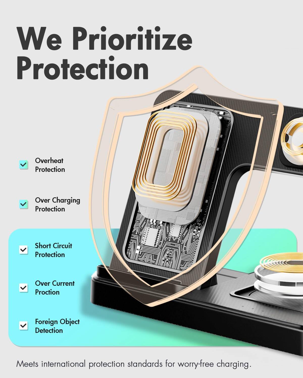 We Prioritize Protection Over Overheat Protection, Over Charging Protection, Short Circuit Protection, Over Current Protection, Foreign Object Detection. Meets international protection standards for worry-free charging.