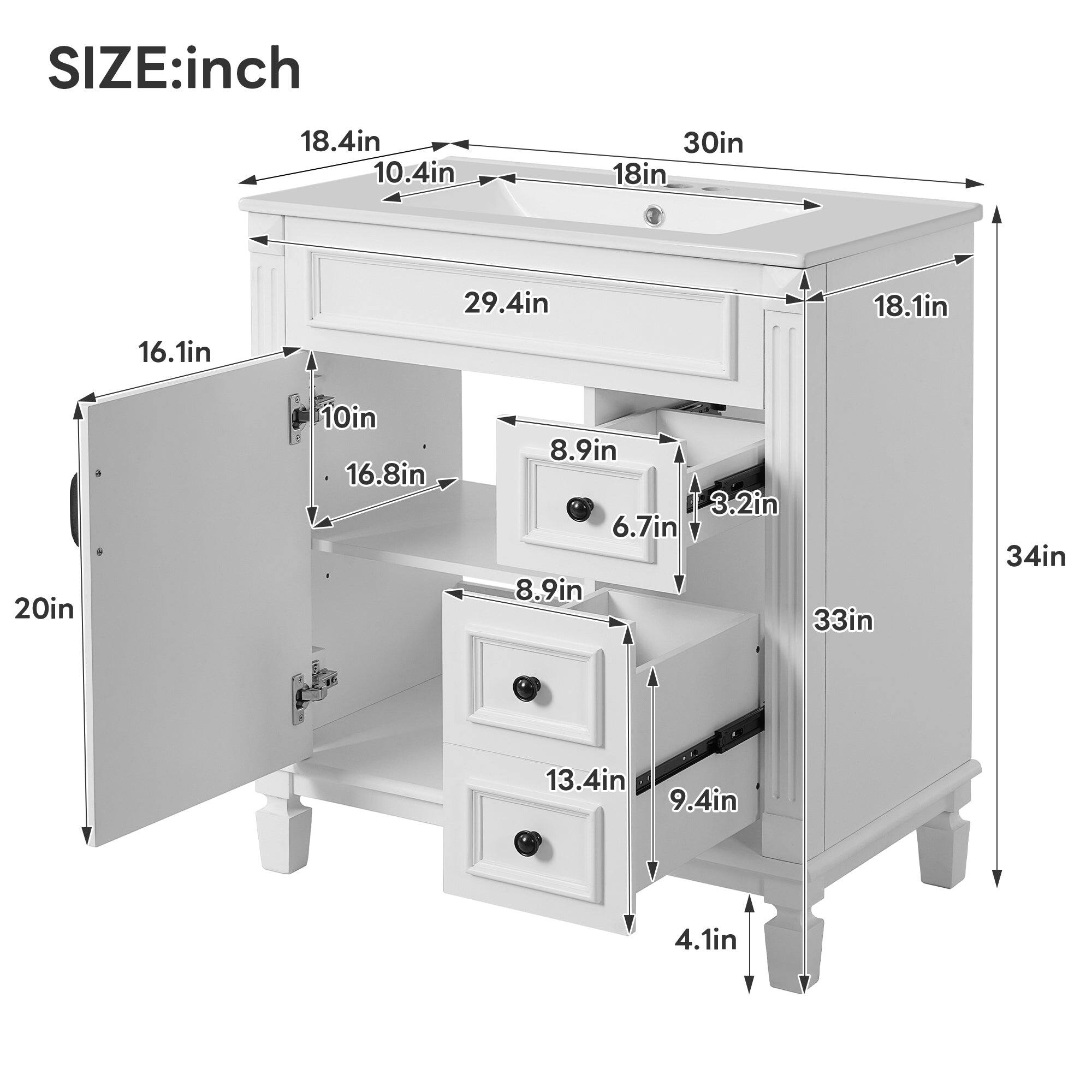 SIZE: inch  
18.4in  
10.4in  
30in  
18in  
16.1in  
29.4in  
18.1in  
20in  
10in  
16.8in  
8.9in  
3.2in  
6.7in  
8.9in  
33in  
34in  
13.4in  
9.4in  
4.1in