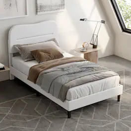 Furnulem - Bed Frame With Teddy Velvet Soft Curved Headboard Platform Bed With Wooden Slats Support - White