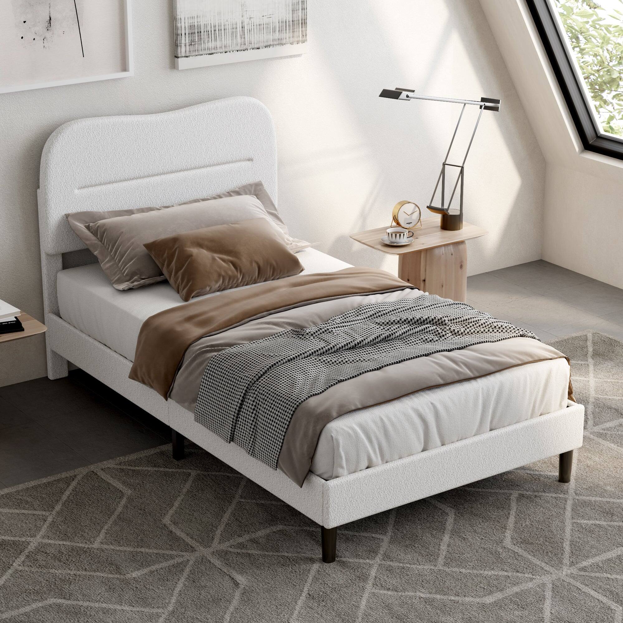 Front. Furnulem - Bed Frame With Teddy Velvet Soft Curved Headboard Platform Bed With Wooden Slats Support - White.