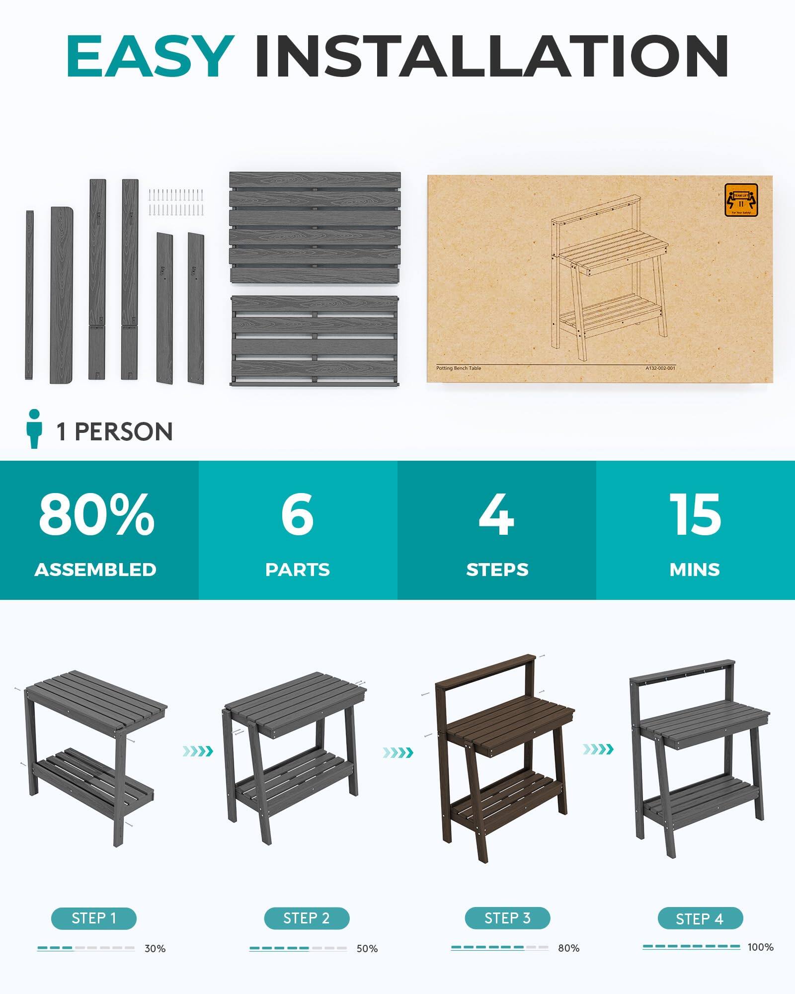 EASY INSTALLATION

1 PERSON

80% ASSEMBLED

6 PARTS

4 STEPS

15 MINS

STEP 1 30%

STEP 2 50%

STEP 3 80%

STEP 4 100%