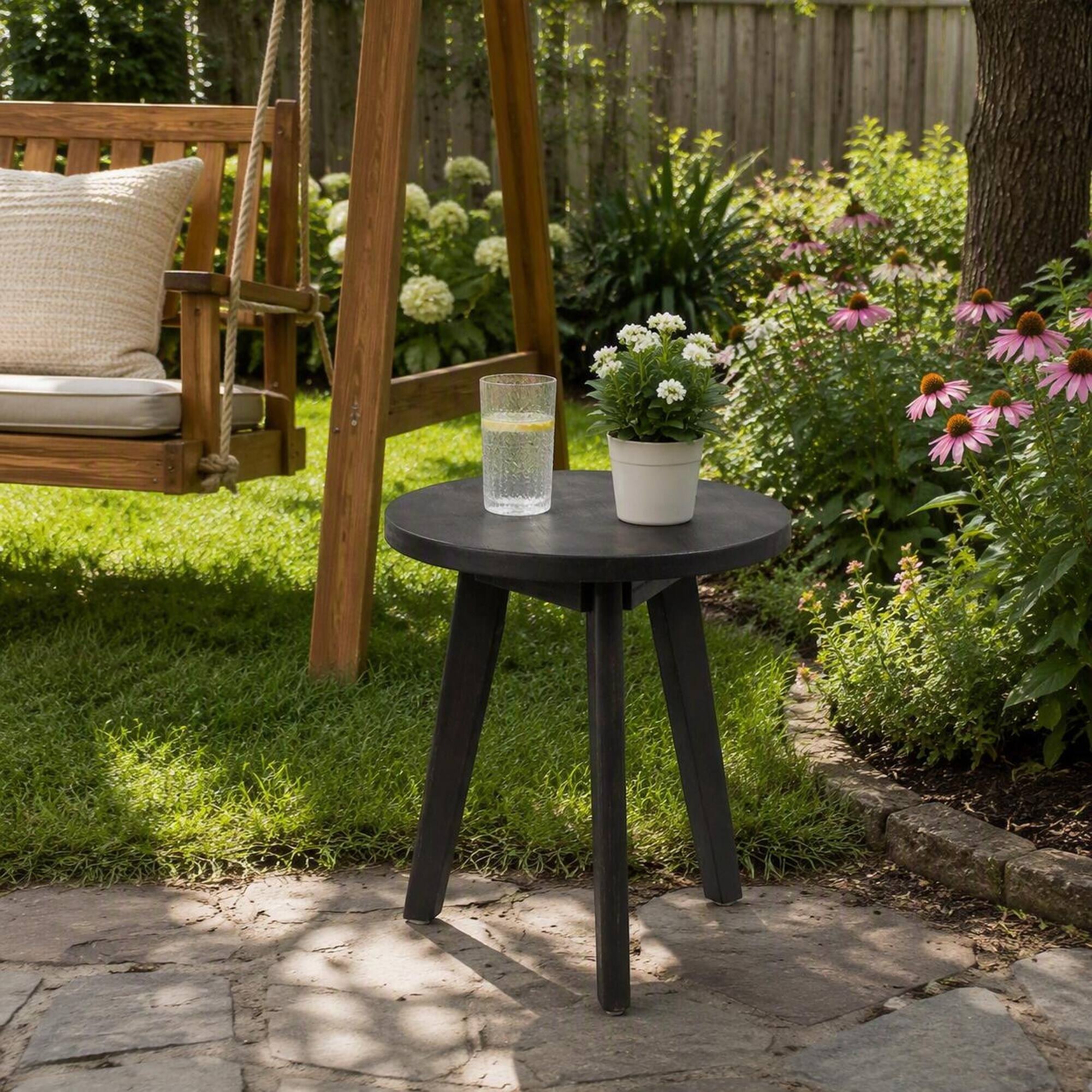 Alt View 2. RYHNUYNE - Rustic Dark Grey Round Outdoor End Table,3-Leg Wood Side Table for Patio Garden Balcony - Gray.