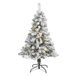 BreeBe - 4' Flocked Rock Spruce Christmas Tree w/100 LED and 225 Tips - White