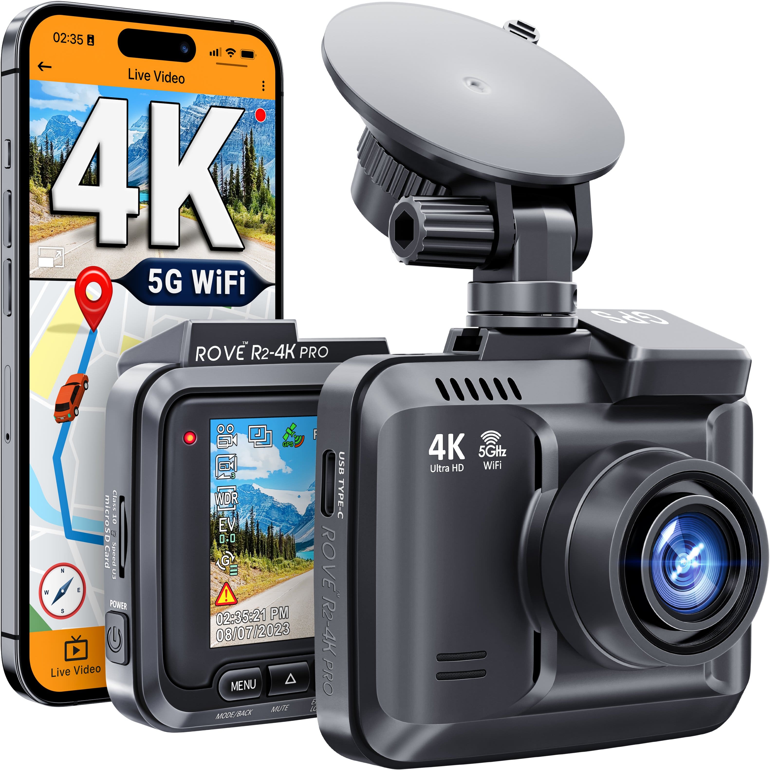 ROVE - R2-4K PRO Dash Cam, Built-in GPS, 5GHz WiFi Dash Camera for Cars, 2160P UHD, WDR, 150° Wide Angle, 24H Parking Mode - Black