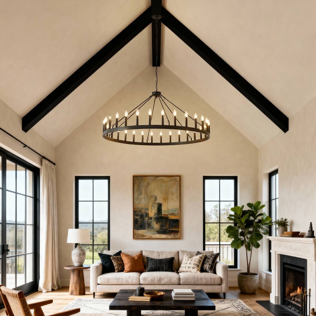 Angle. Loheer - Loheer Matte Black Wagon Wheel Chandelier, Thirty Light E12 Farmhouse Ceiling Fixture for Large Rooms.