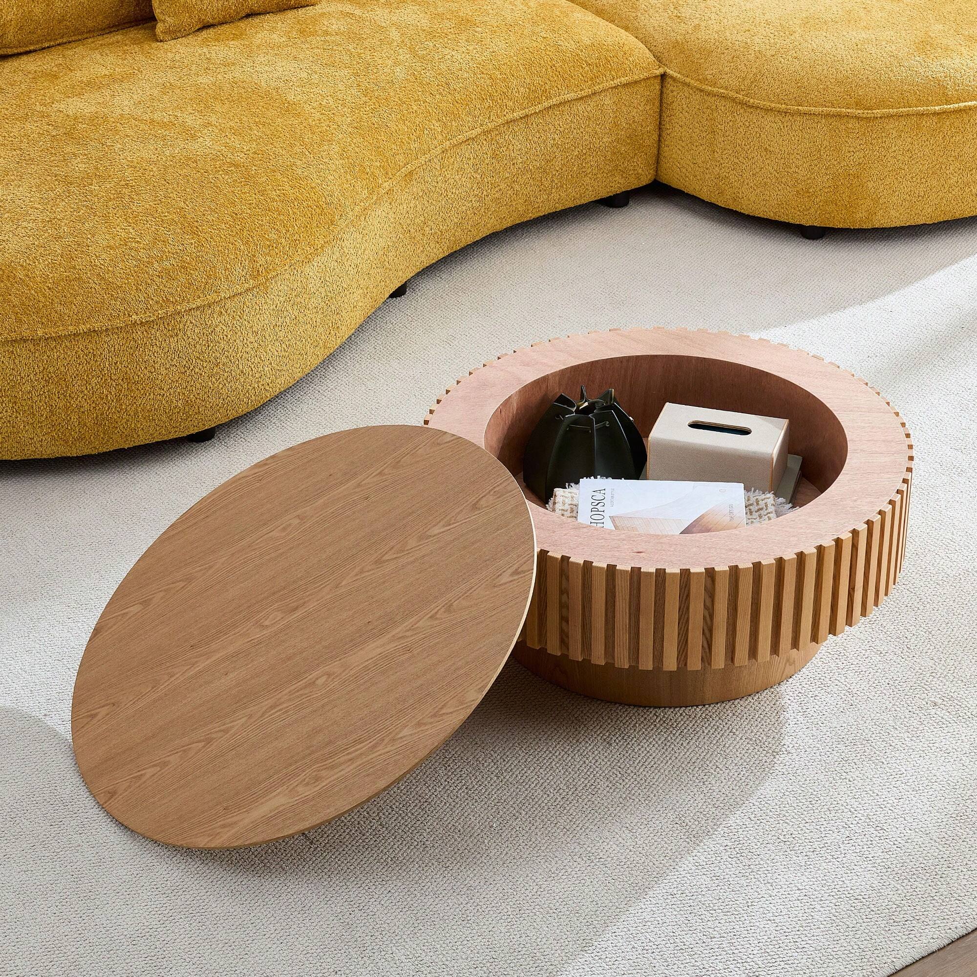 Angle. Trinkets Crazed - Round Coffee Table With Storage, Solid Wood Center Table Large Circle Wooden Accent Table - Natural.