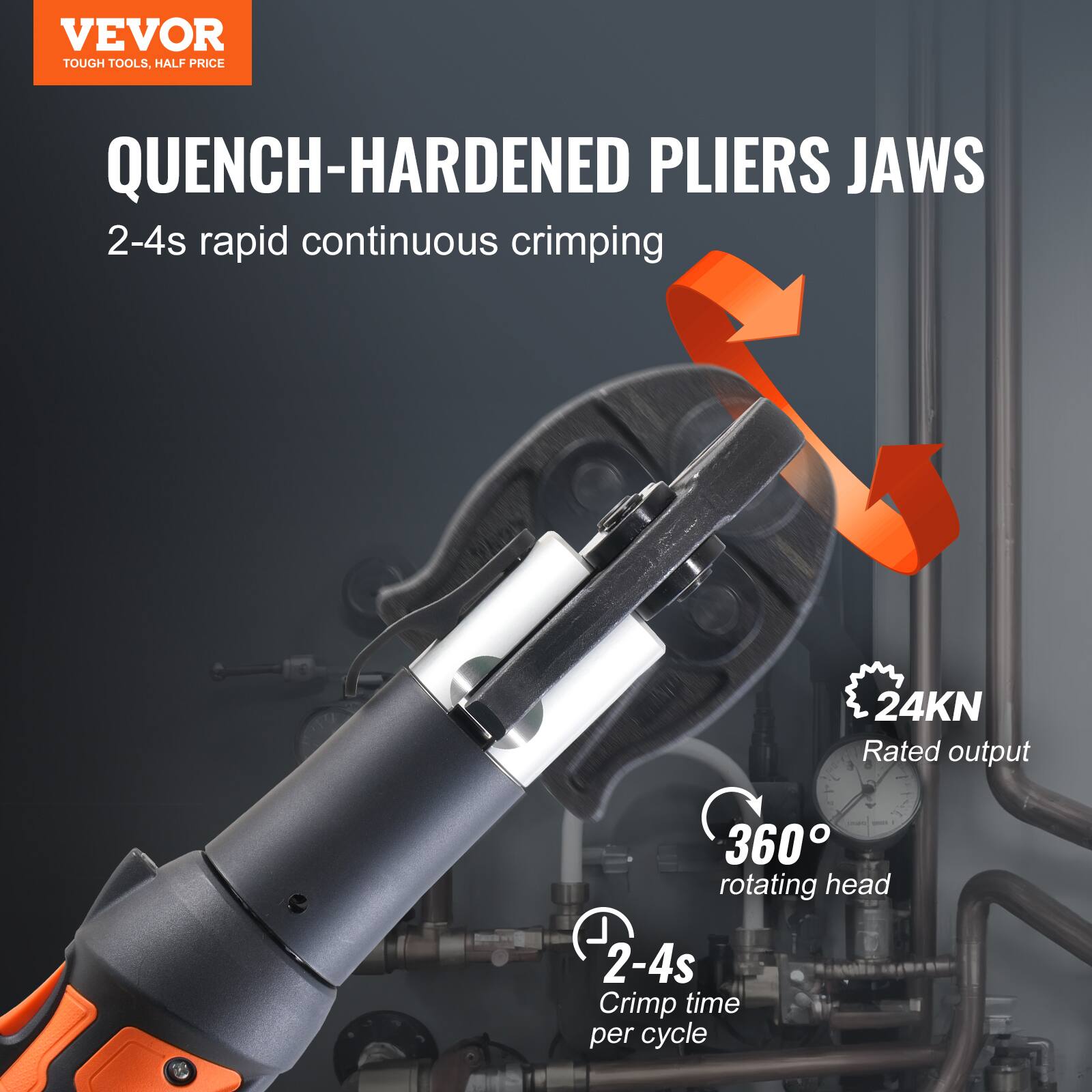 VEVOR TOUGH TOOLS. HALF PRICE

QUENCH-HARDENED PLIERS JAWS

2-4s rapid continuous crimping

24KN Rated output

360° rotating head

2-4s Crimp time per cycle