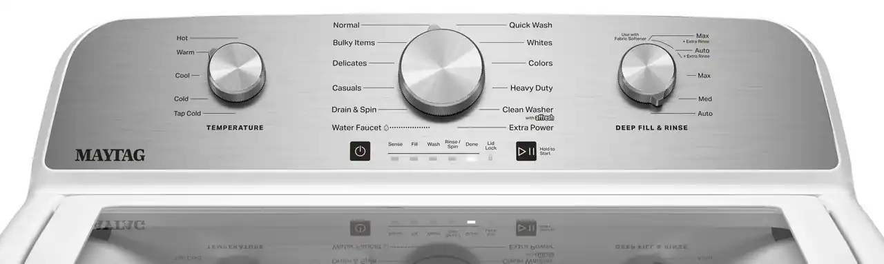 Hot Warm Normal Bulky Items Delicates Quick Wash Whites Colors use with Fabric Softener Max Extra Rinse Auto Extra Suds Cool Cold Tap Cold TEMPERATURE Casuals Drain & Spin Water Faucet Heavy Duty Clean Washer with Extra Power Max Med Auto DEEP FILL & RINSE MAYTAG Sense FB Hinse / Wash Done Spin Lid Lock Hold to Start