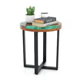 Gymax - 20'' Round Teak Wood End Table Solid Live Edge Outdoor Side Table w/ Mahogany Base - Brown, Green