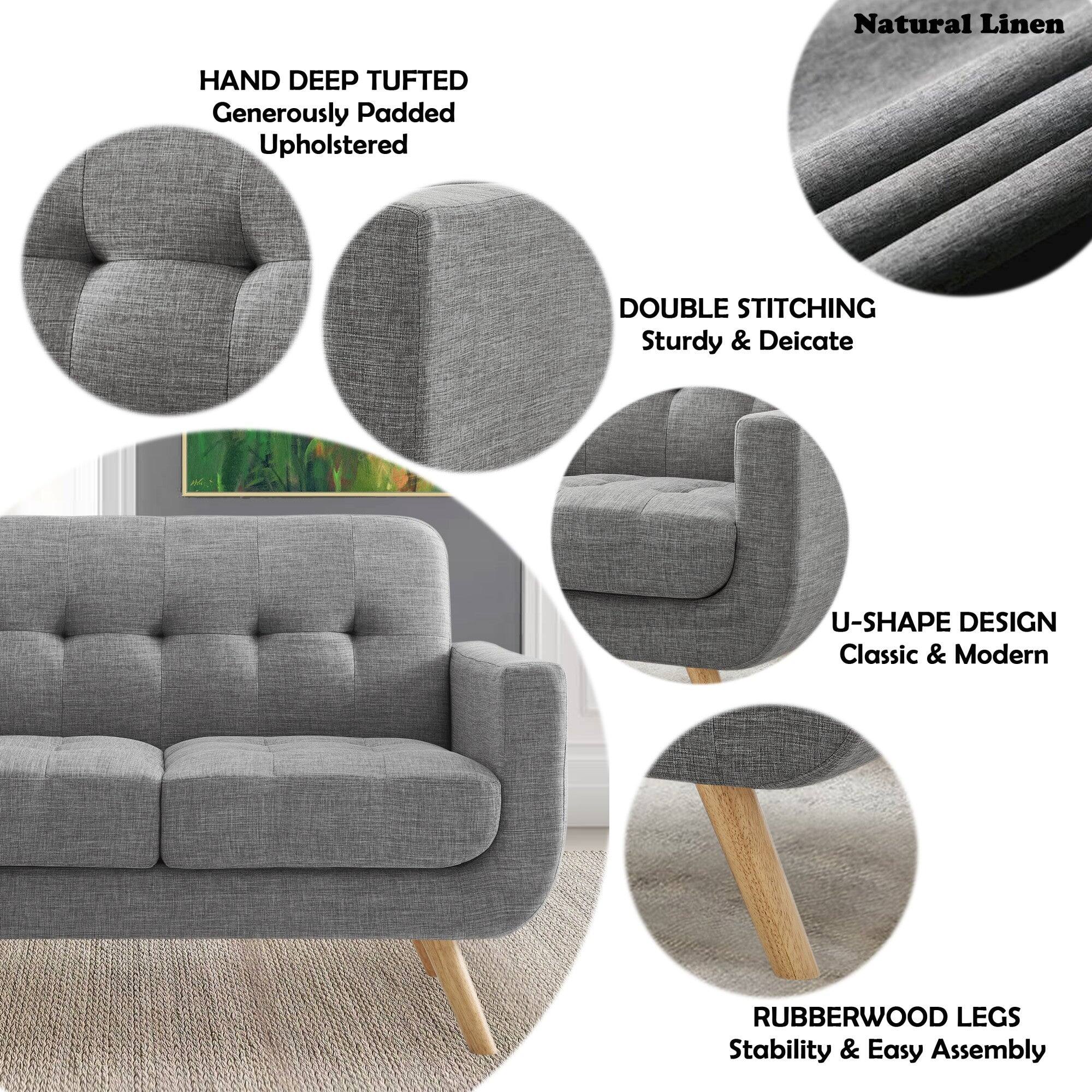 - Natural Linen
- HAND DEEP TUFTED
  - Generously Padded
  - Upholstered
- DOUBLE STITCHING
  - Sturdy & Delicate
- U-SHAPE DESIGN
  - Classic & Modern
- RUBBERWOOD LEGS
  - Stability & Easy Assembly