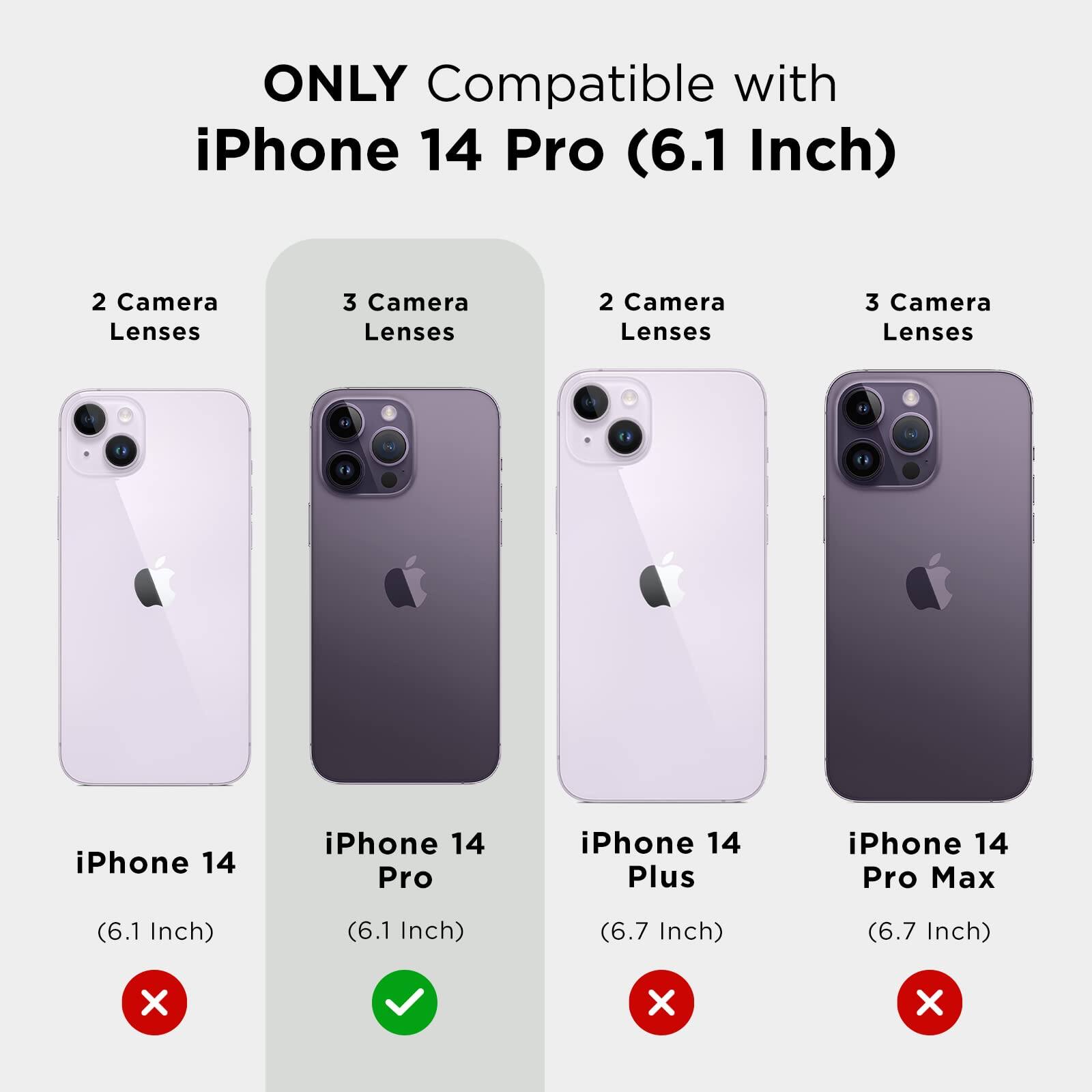 ONLY Compatible with iPhone 14 Pro (6.1 Inch)  
2 Camera Lenses  
3 Camera Lenses  
iPhone 14  
iPhone 14 Pro  
iPhone 14 Plus  
iPhone 14 Pro Max (6.1 Inch) (6.7 Inch)