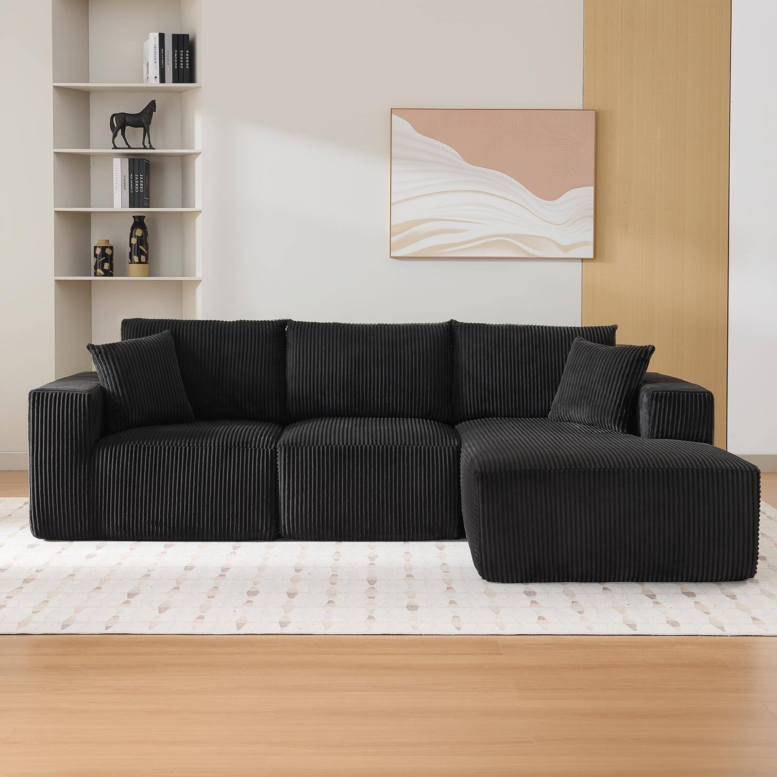 Front. Babevy - 108" L-Shaped Modular Sectional Sofa, 3-Piece Corduroy Cloud Couch with Chaise/Deep Seats & Armrests, No Assembly - Black.