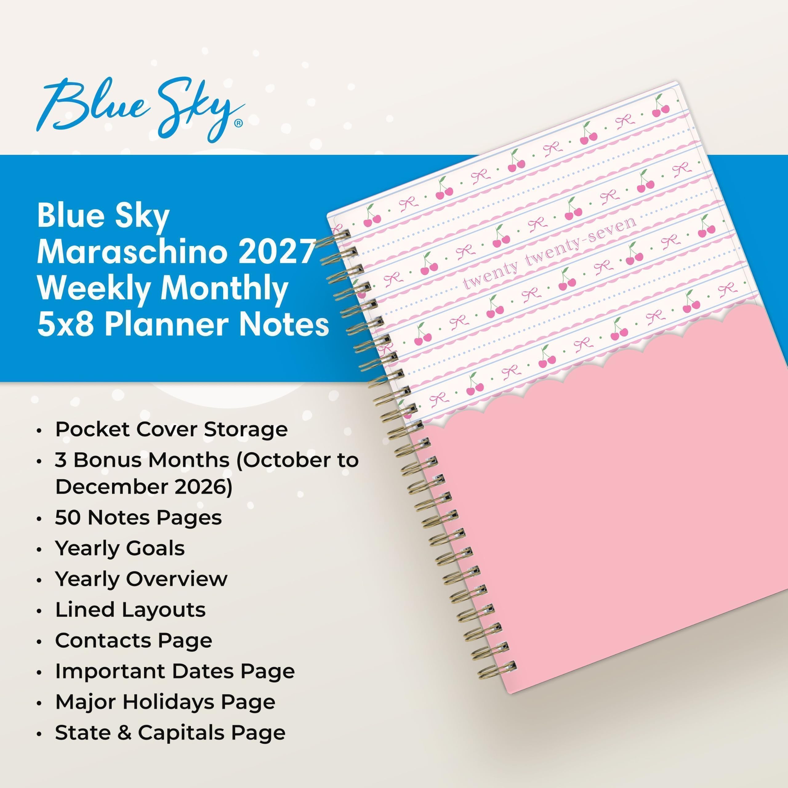 Blue Sky Maraschino 2027 Weekly Monthly 5x8 Planner Notes

- Pocket Cover Storage
- 3 Bonus Months (October to December 2026)
- 50 Notes Pages
- Yearly Goals
- Yearly Overview
- Lined Layouts
- Contacts Page
- Important Dates Page
- Major Holidays Page
- State & Capitals Page