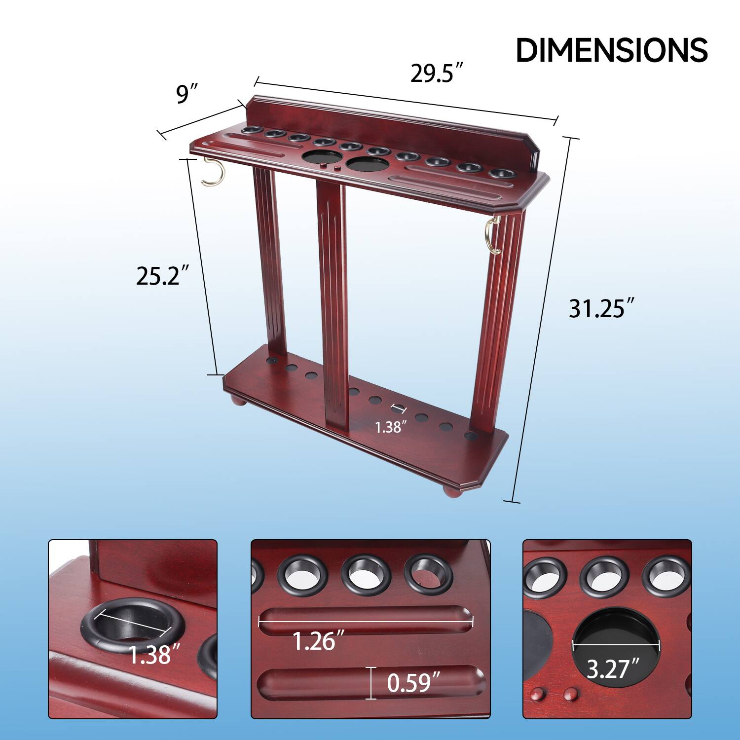 DIMENSIONS, 9", 29.5", 25.2", 31.25", 1.38", 1.26", 0.59", 3.27"