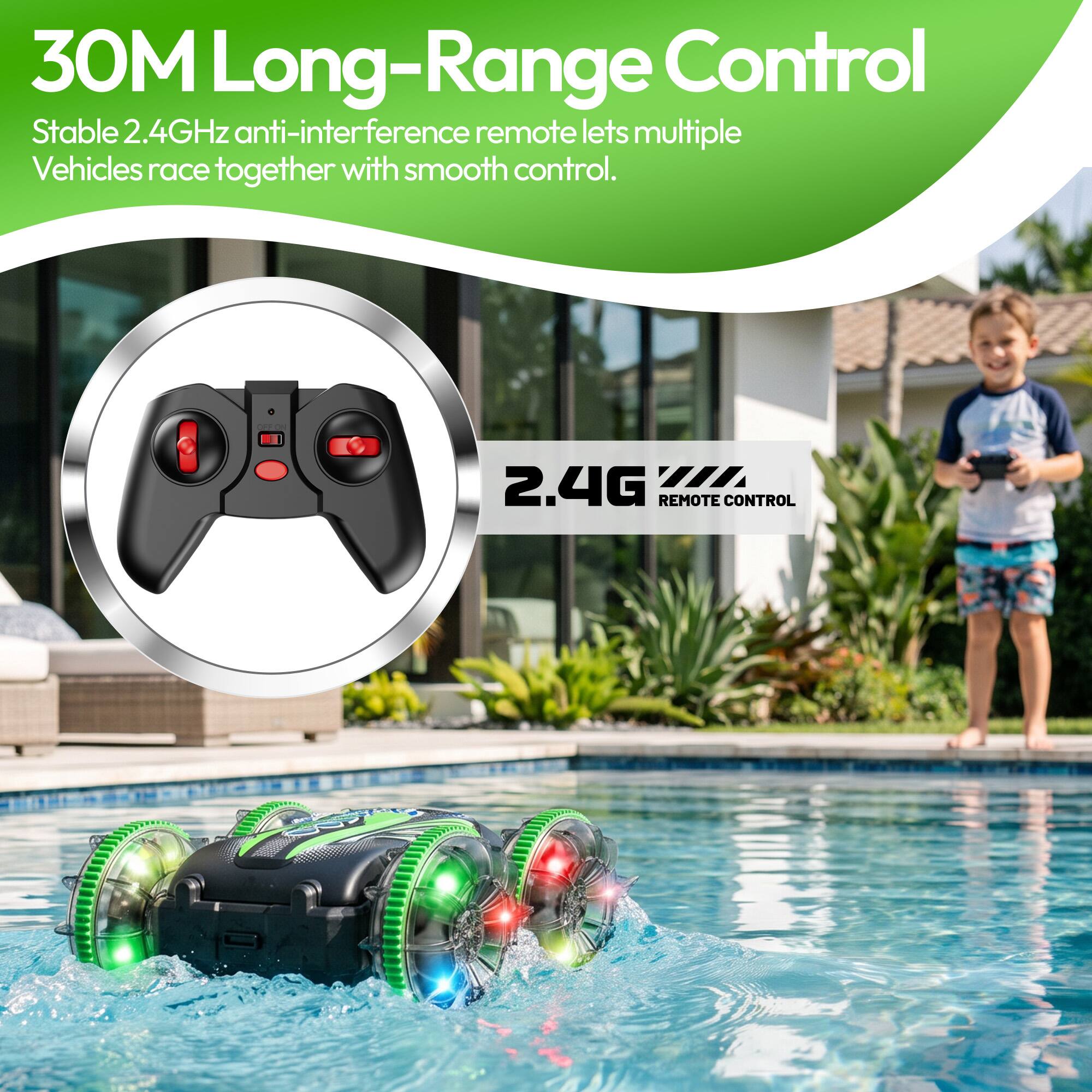 30M Long-Range Control  
Stable 2.4GHz anti-interference remote lets multiple Vehicles race together with smooth control.  
2.4G REMOTE CONTROL