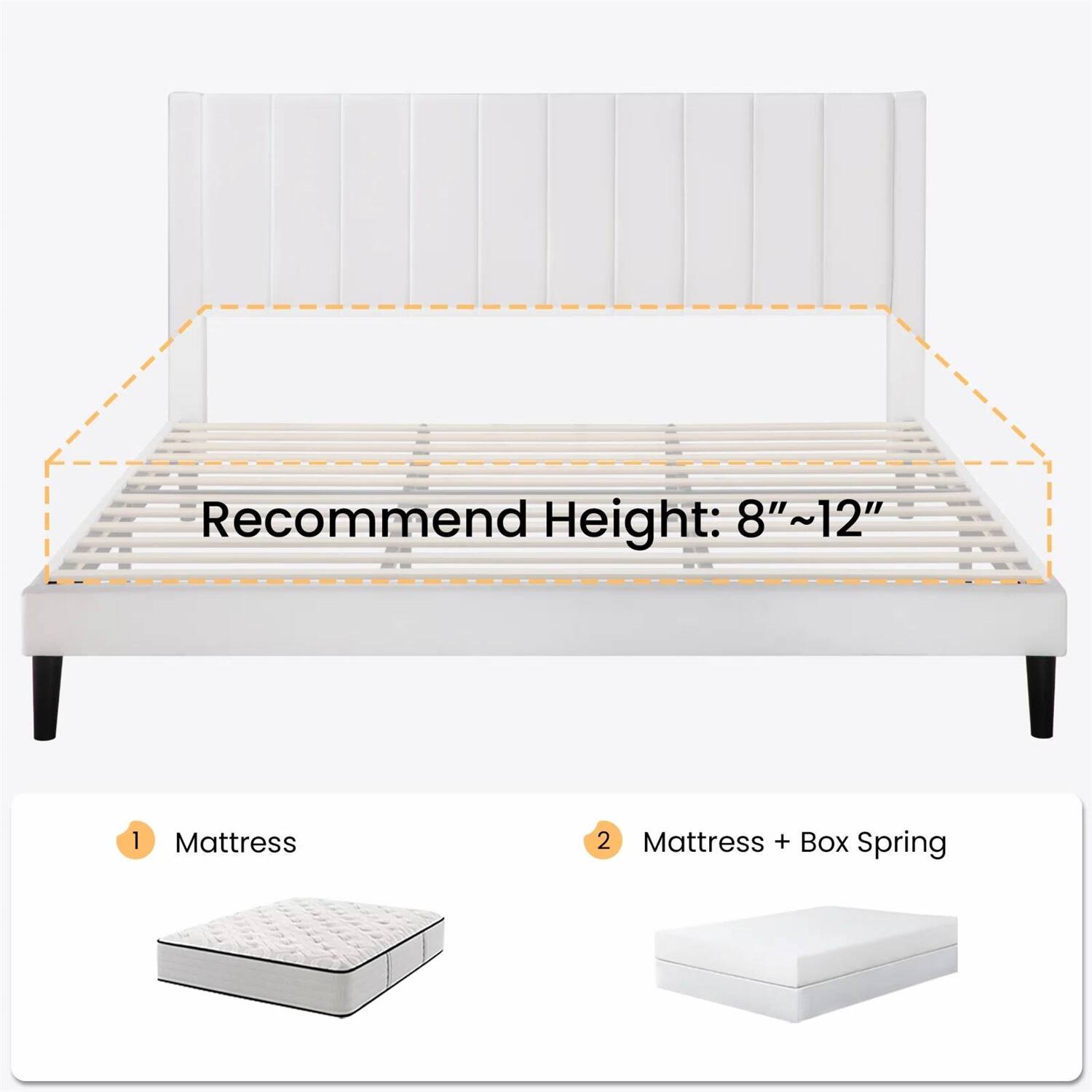 Recommend Height: 8"~12"
1. Mattress
2. Mattress + Box Spring