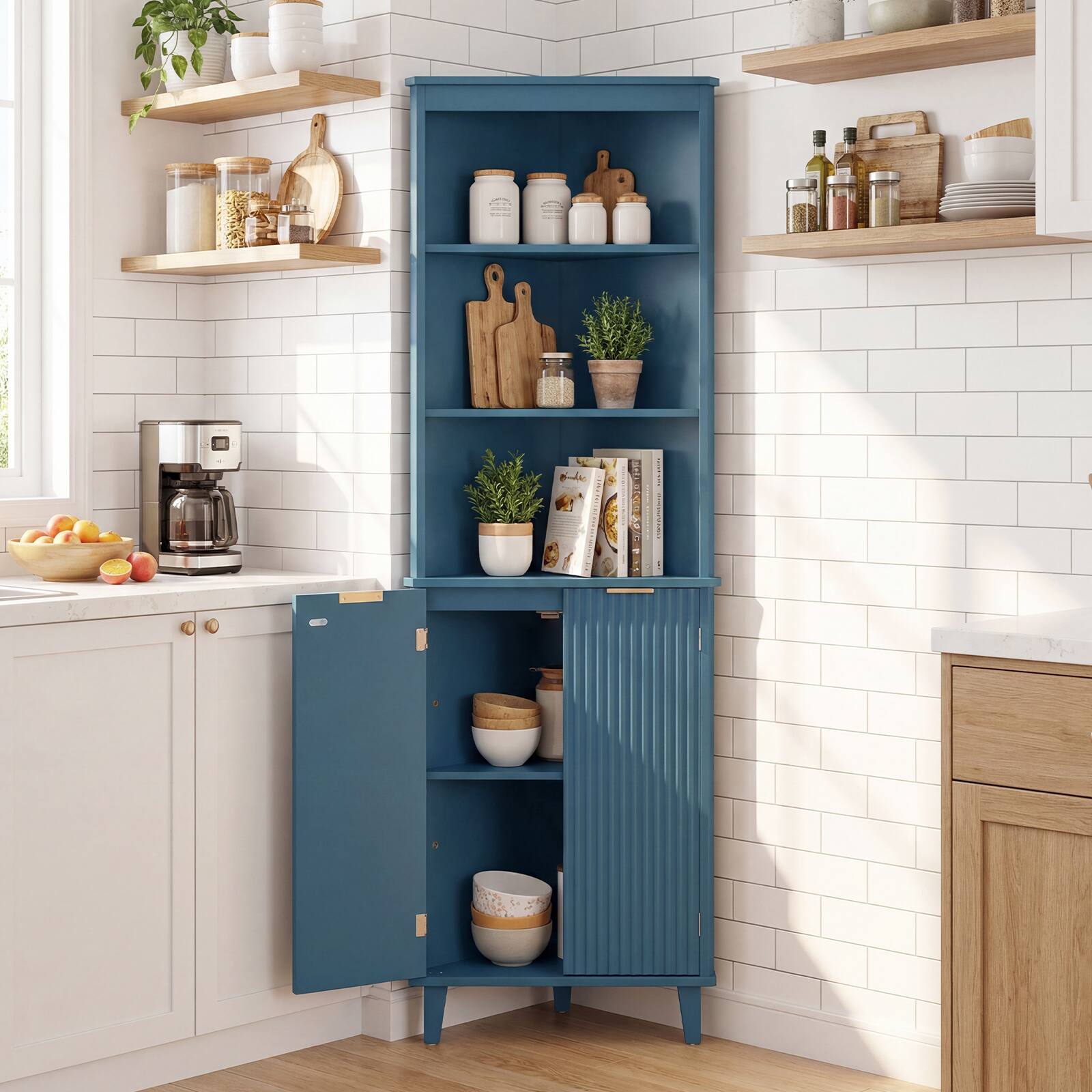 Alt View 4. Costway - Costway 68" Tall Corner Cabinet with Fluted Doors, Modern Bathroom Floor Storage Cabinet - Blue.
