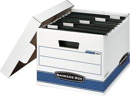 Bankers Box - Hang-N-Stor Medium-Duty FastFold Corrugated File Storage Boxes, Lift-Off Lid, Letter Size, White/Blue, 4/Ct - White and Blue
