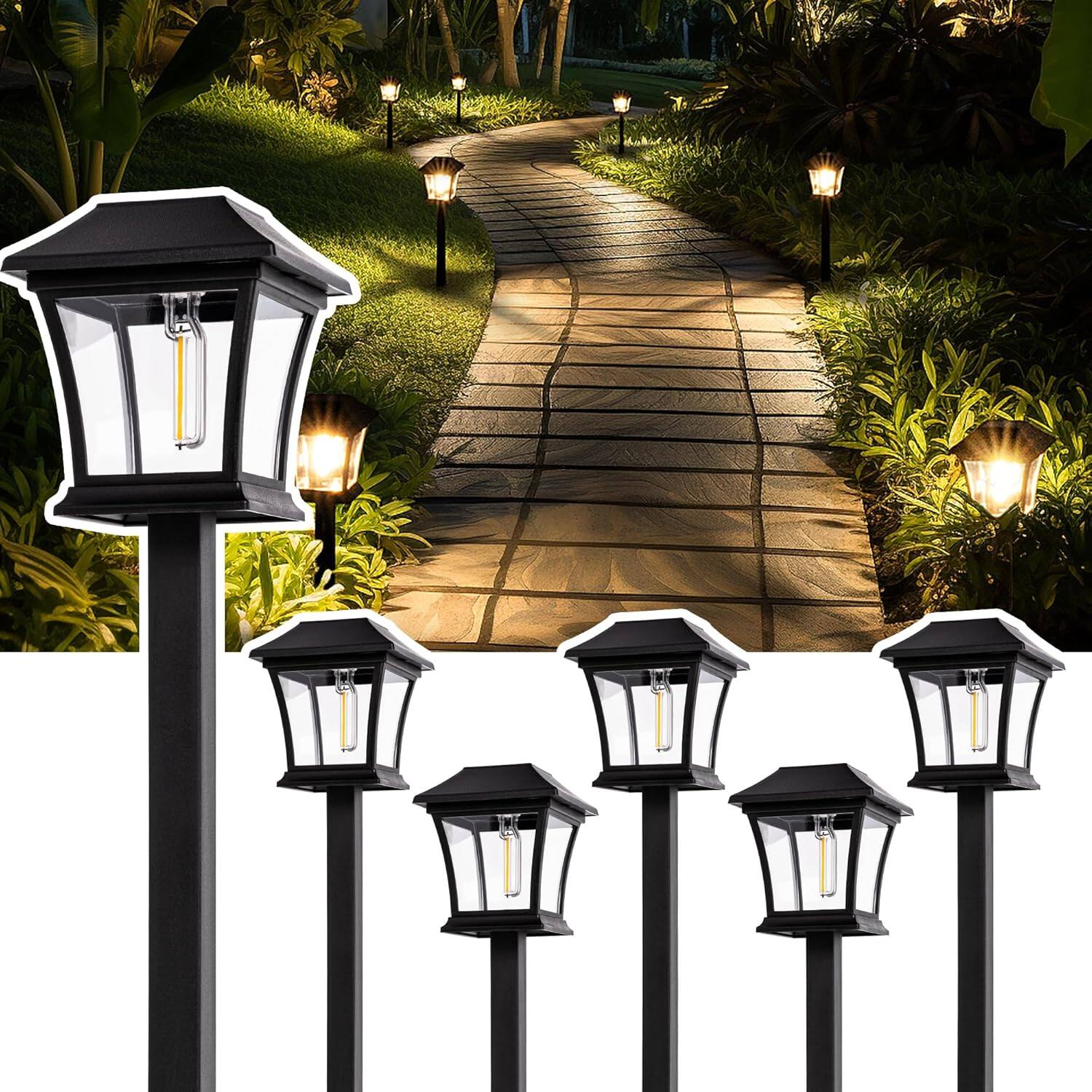 Front. MOSZAR LLC - Solar Pathway Lights 6 Pack Solar Lights, Waterproof Outdoor Path Light for Garden Yard Patio Lawn Porch Walkway Backyar - Warm White.