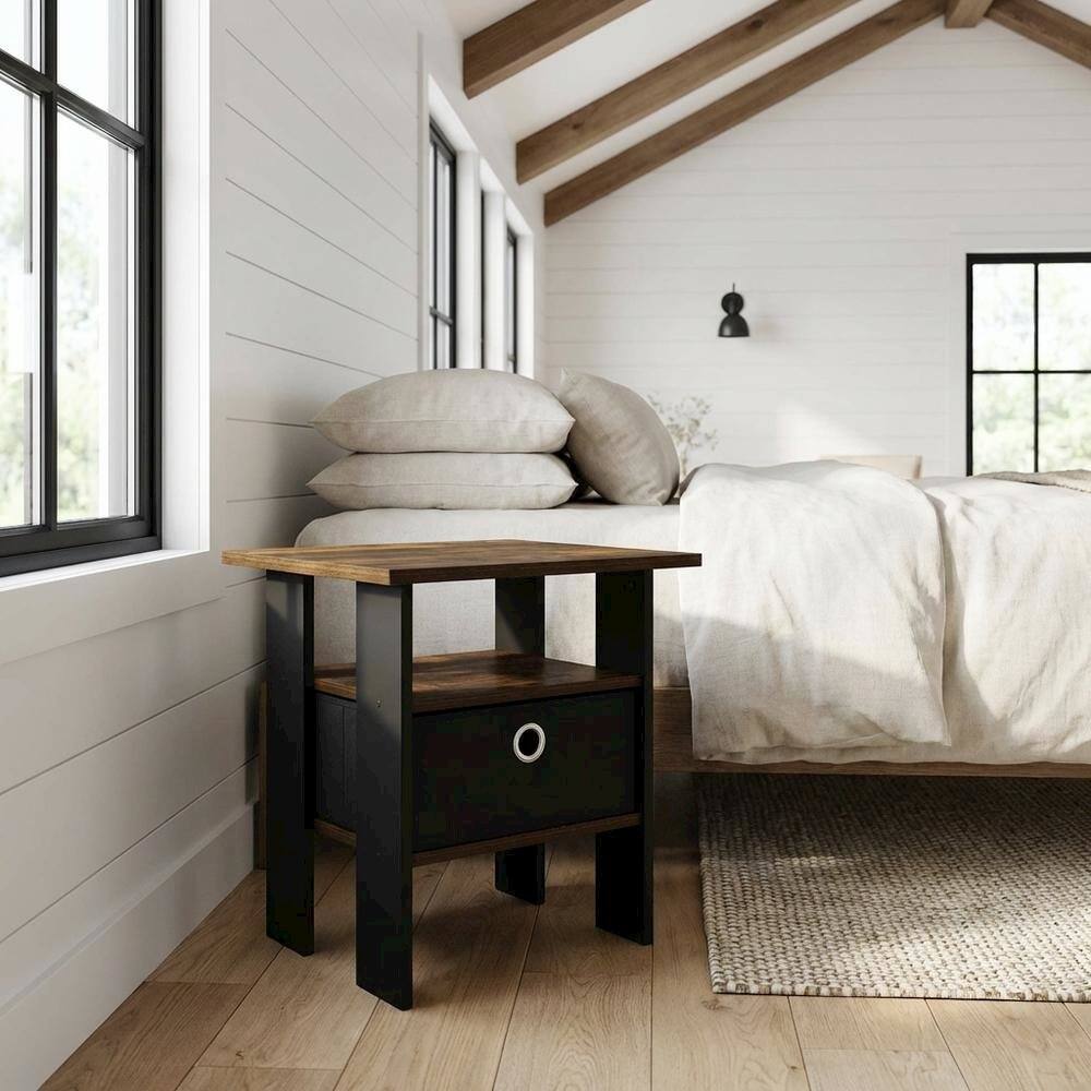 Angle. FurniFact - Nightstand with Bin Drawer, Engineered Wood Frame for Cozy Bedroom Storage - Amber Pine/Black.