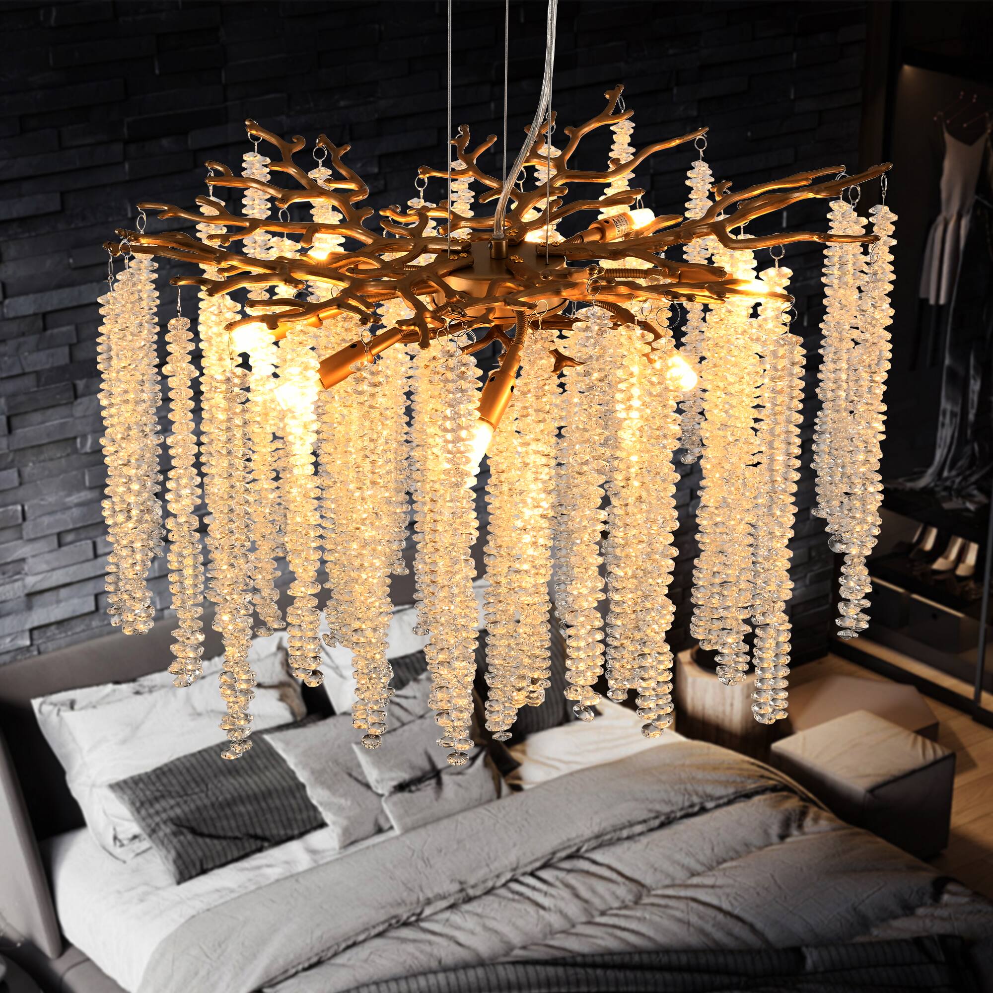 Back. APRILSOUL - 24-inch Modern Golden Pendant Light with Cascading Crystal Strands Decorative Lighting Fixture Bulb Not Included.