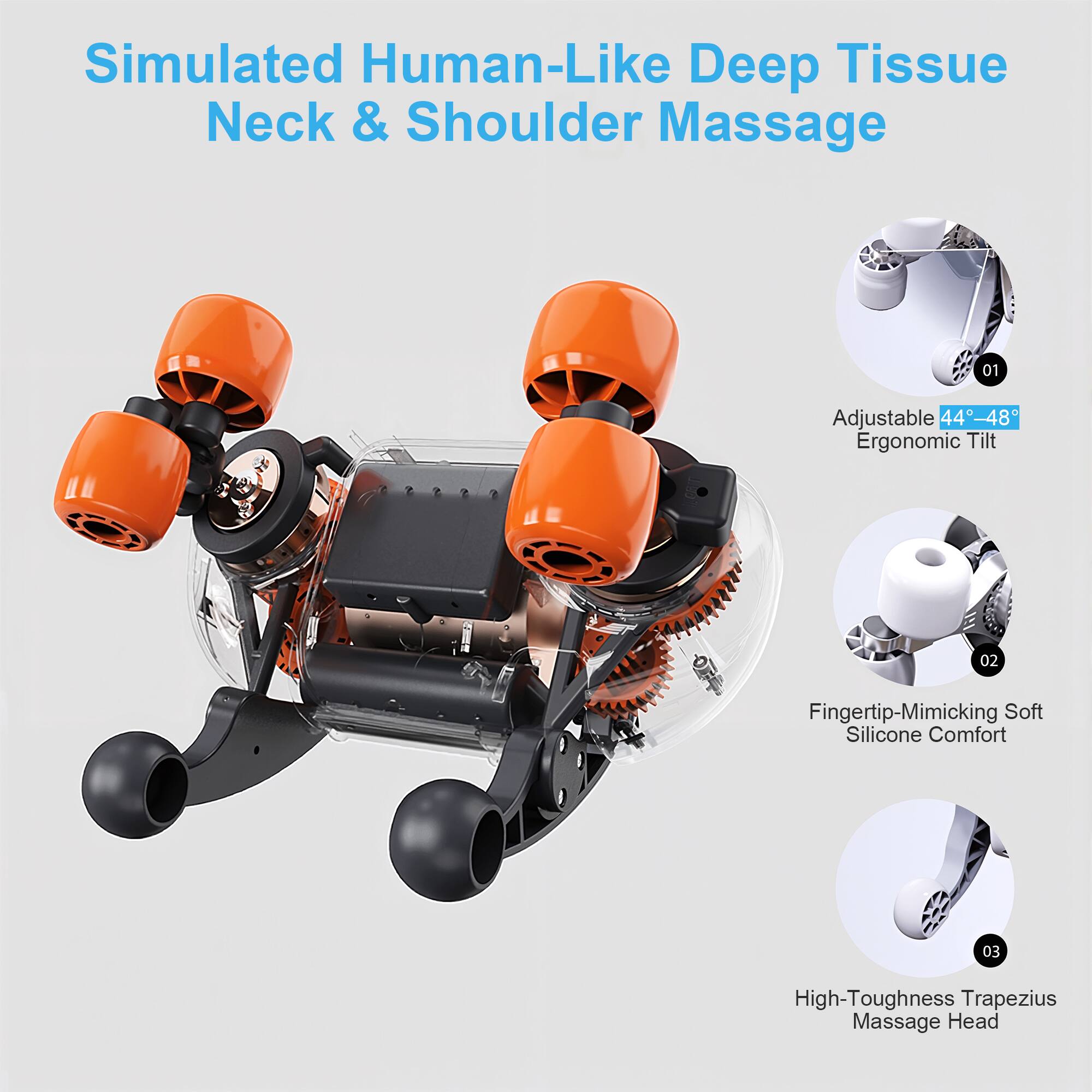 Simulated Human-Like Deep Tissue Neck & Shoulder Massage

01 Adjustable 44°-48° Ergonomic Tilt

02 Fingertip-Mimicking Soft Silicone Comfort

03 High-Toughness Trapezius Massage Head