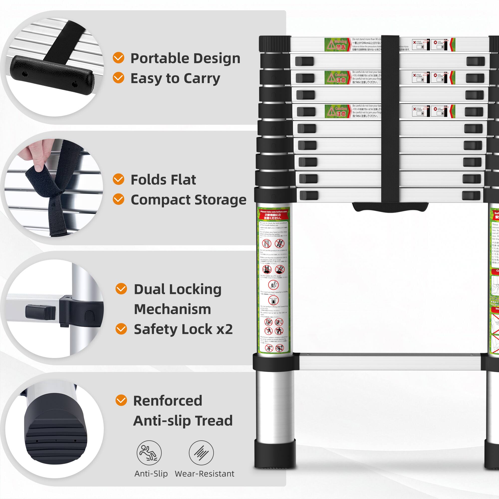 - Portable Design
- Easy to Carry
- Folds Flat
- Compact Storage
- Dual Locking Mechanism
- Safety Lock x2
- Renforced Anti-slip Tread
- Anti-Slip
- Wear-Resistant