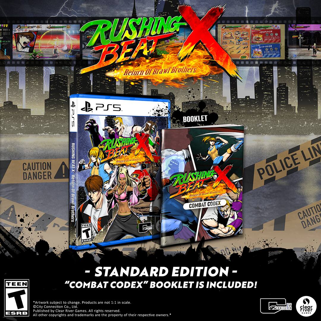 **RUSHING BEAT: Return of Brawl Brothers**

- **PS5**
- **STANDARD EDITION**
- **"COMBAT CODEX" BOOKLET IS INCLUDED!**

**CAUTION DANGER**

**TEEN**

**BOOKLET**

**POLICE LINE**

**City Connection Co., Ltd.**
*Artwork subject to change. Products are not 1:1 in scale. All rights reserved. All other copyrights and trademarks are the property of their respective owners.*

**ESRB**
