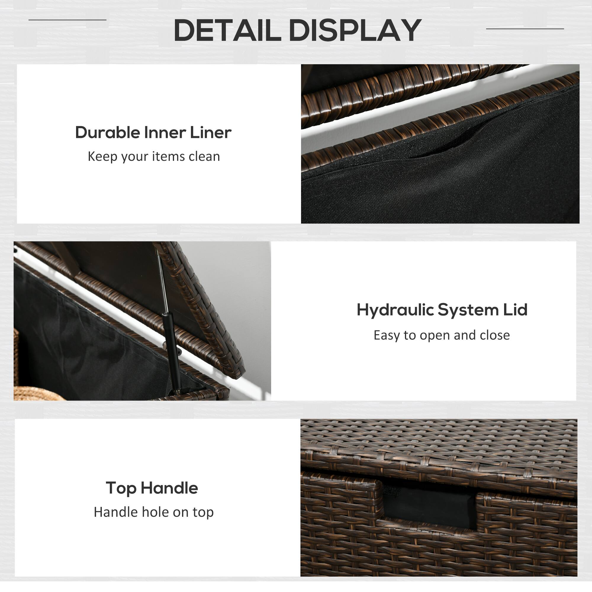 DETAIL DISPLAY

Durable Inner Liner
Keep your items clean

Hydraulic System Lid
Easy to open and close

Top Handle
Handle hole on top