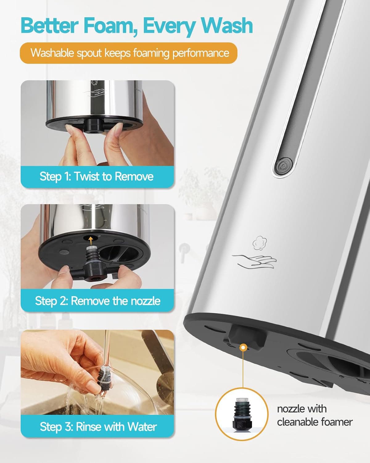 Better Foam, Every Wash

Washable spout keeps foaming performance

Step 1: Twist to Remove

Step 2: Remove the nozzle

Step 3: Rinse with Water

nozzle with cleanable foamer