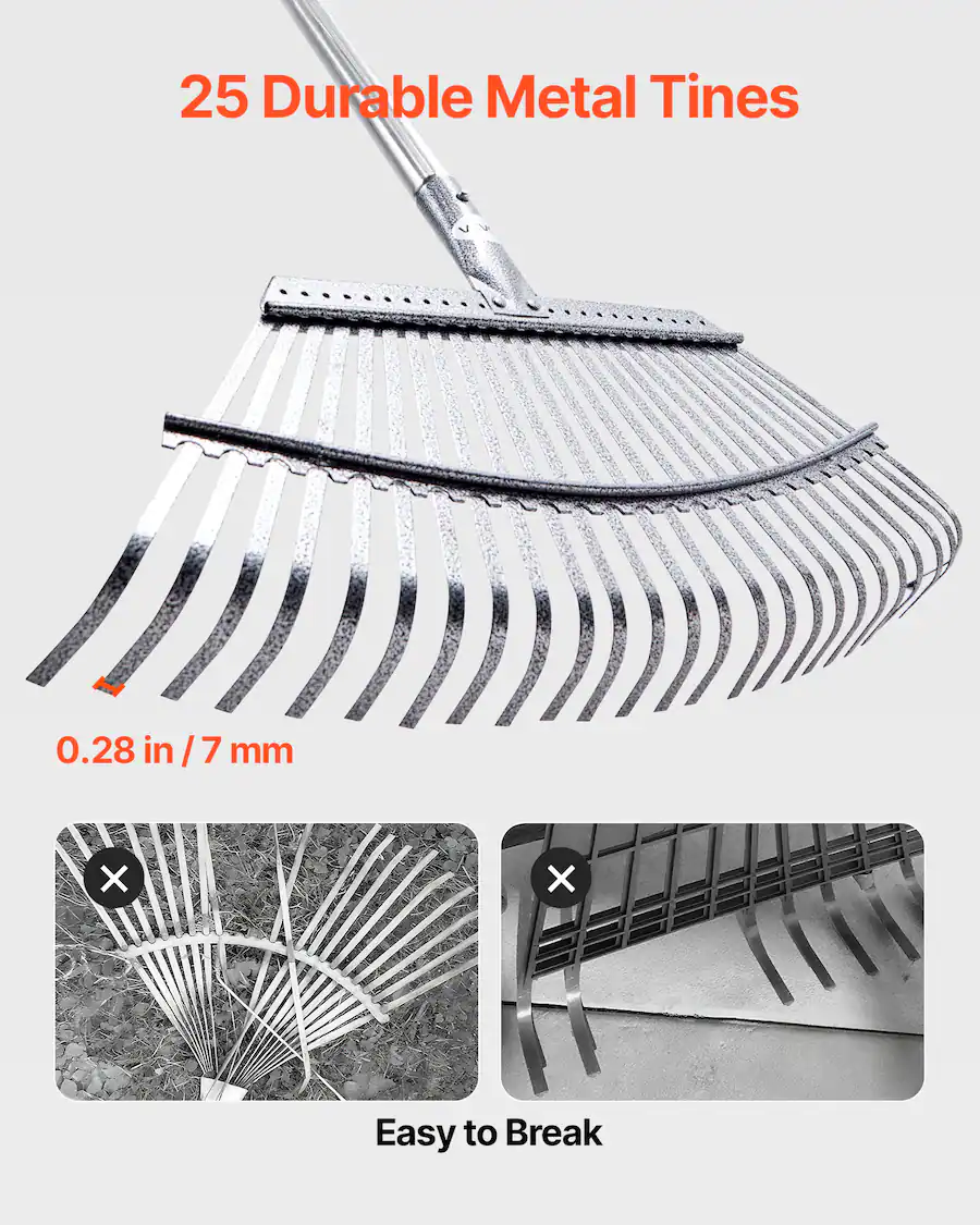 4t Silver Rake VEVOR Leaf Rake, 25 Metal Tines, Adjustable Garden Rake for Lawns with ...