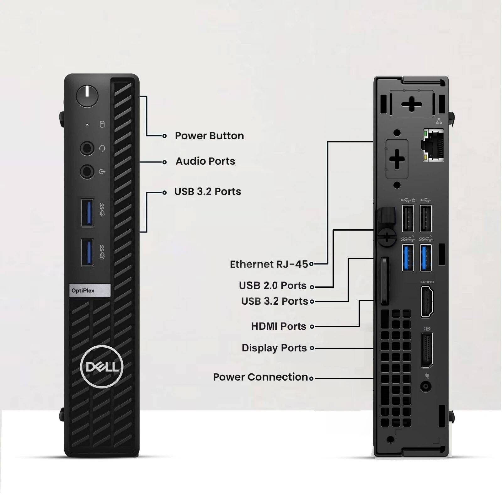 - Power Button
- Audio Ports
- USB 3.2 Ports
- Ethernet RJ-45
- USB 2.0 Ports
- USB 3.2 Ports
- HDMI Ports
- Display Ports
- Power Connection