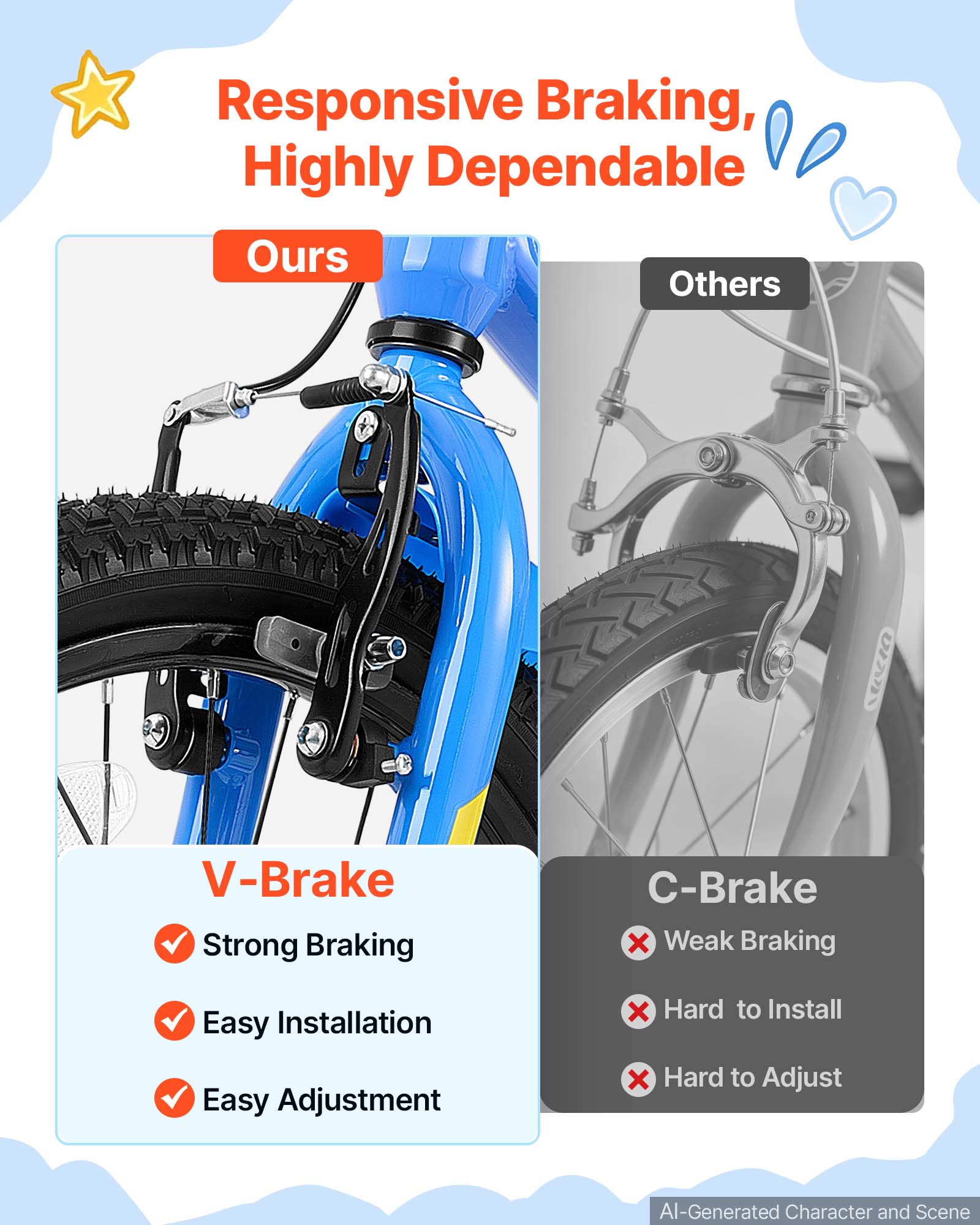 Responsive Braking, Highly Dependable

Ours
V-Brake
- Strong Braking
- Easy Installation
- Easy Adjustment

Others
C-Brake
- Weak Braking
- Hard to Install
- Hard to Adjust

AI-Generated Character and Scene