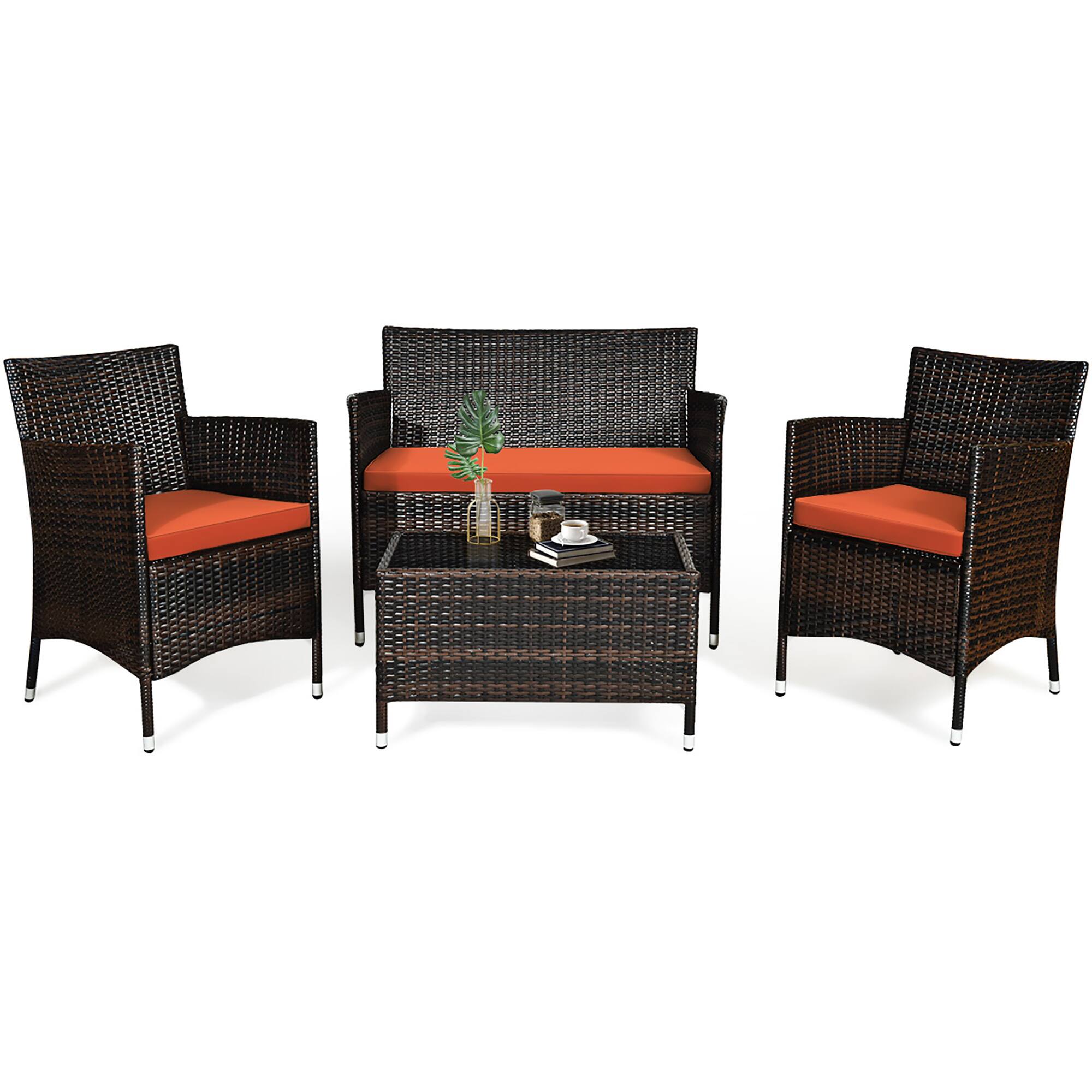 Alt View 1. Gymax - Gymax 4PCS Patio Rattan Conversation Furniture Set Outdoor w/ Orange Cushion - Orange.