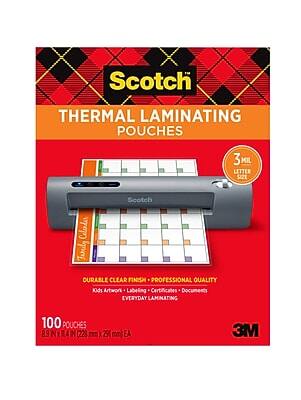 Scotch Thermal Laminating Pouches  
3 MIL Letter Size  
Durable Clear Finish  
Professional Quality  
Kids Artwork, Labeling, Certificates, Documents  
Everyday Laminating  
100 Pouches  
8.9" x 11.4" (223 mm x 291 mm) EA  
3M