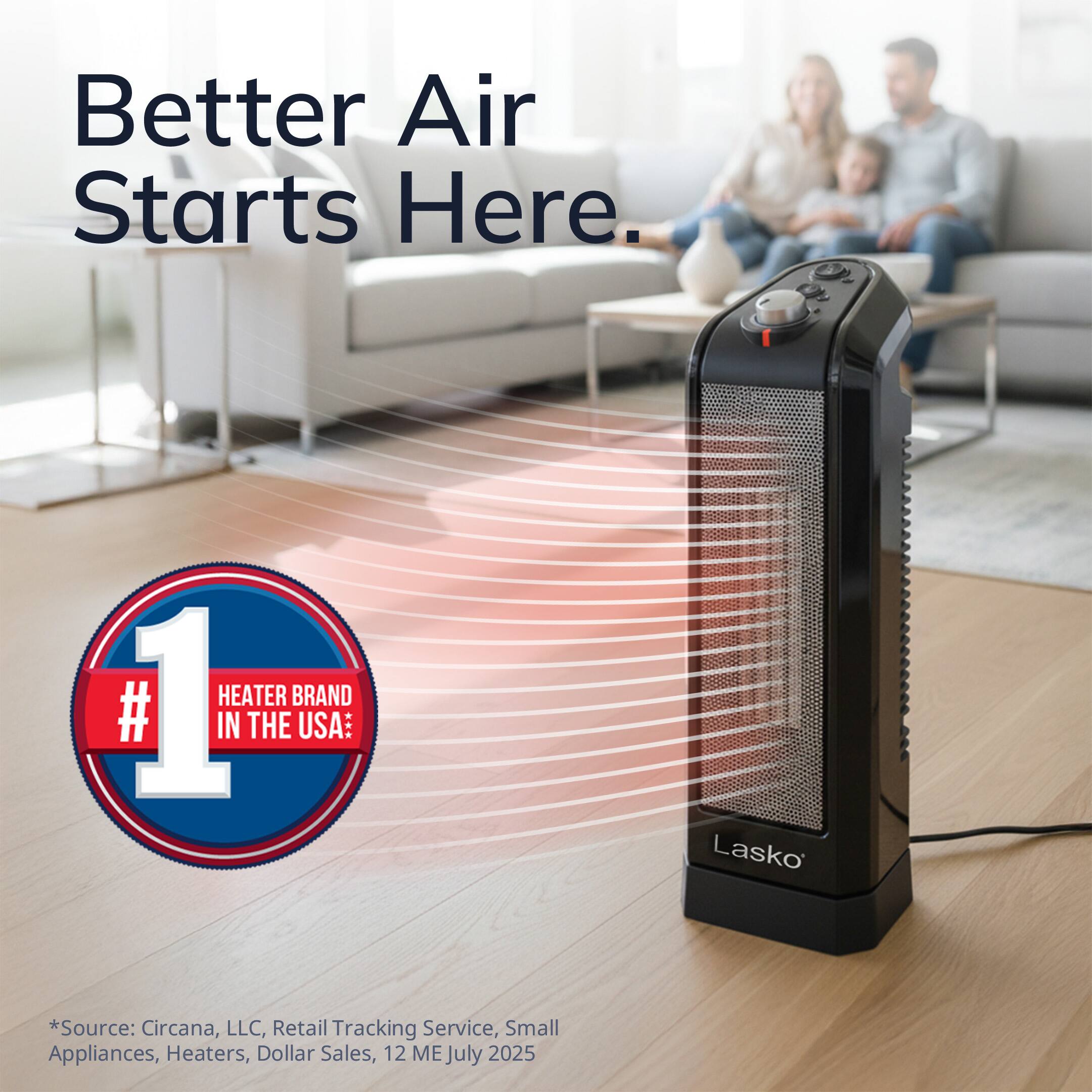 Better Air Starts Here.

1 HEATER BRAND IN THE USA: Lasko

*Source: Circana, LLC, Retail Tracking Service, Small Appliances, Heaters, Dollar Sales, 12 ME July 2025